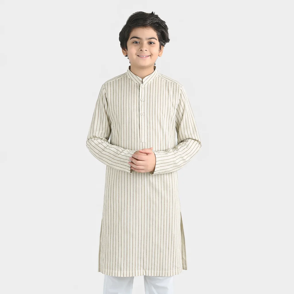 Boys Yarn Dyed Basic Kurta - White Stripe