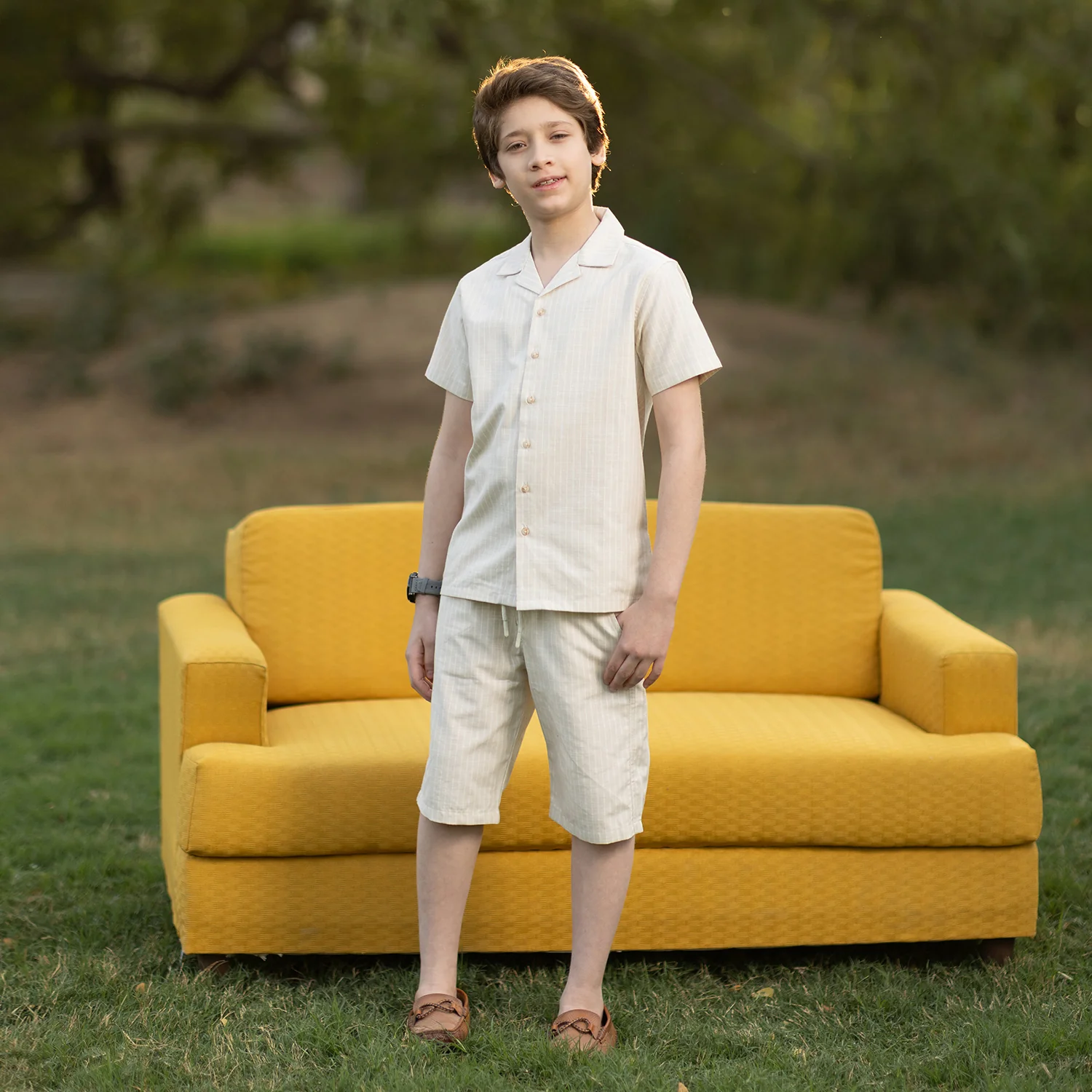 Boys Yarn Dyed Woven Suit – Beige White