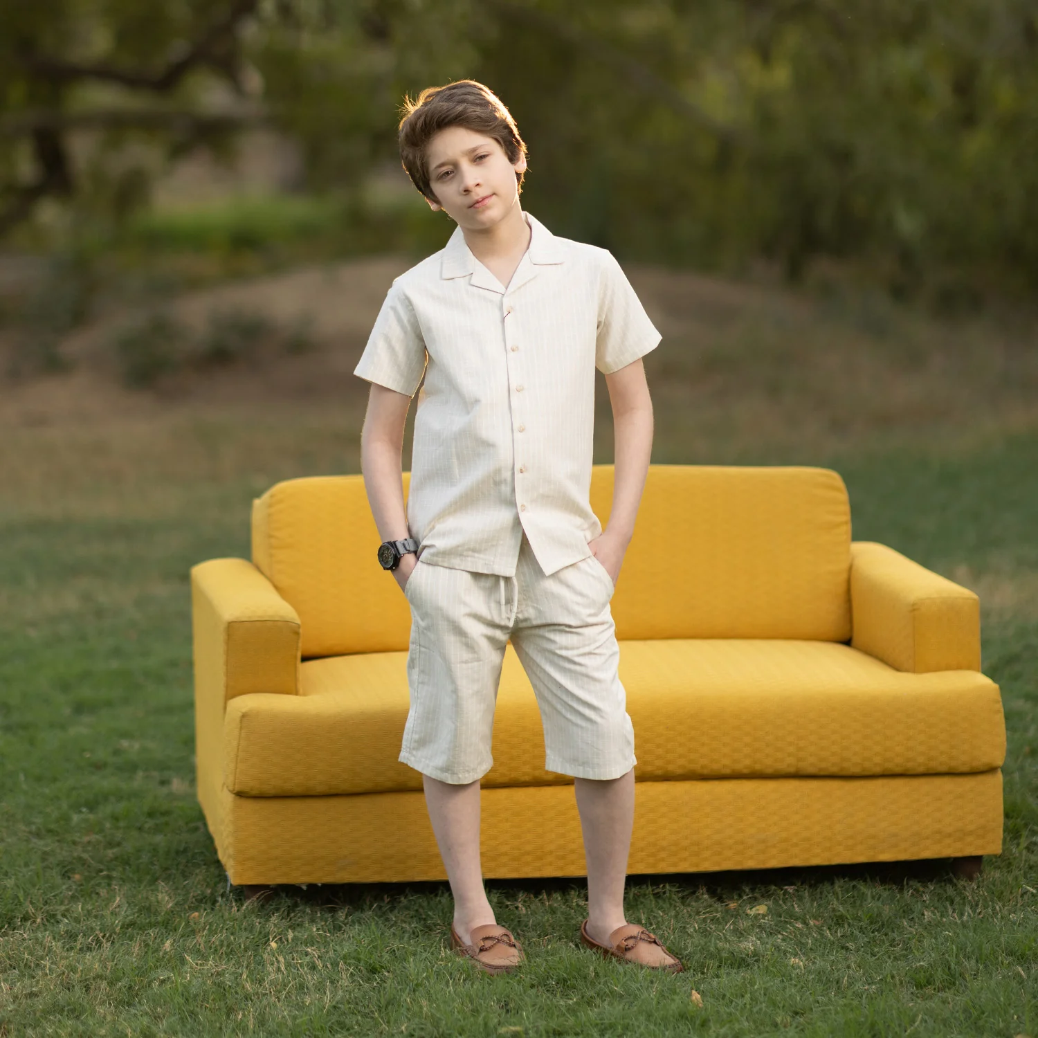 Boys Yarn Dyed Woven Suit – Beige White - Image 2