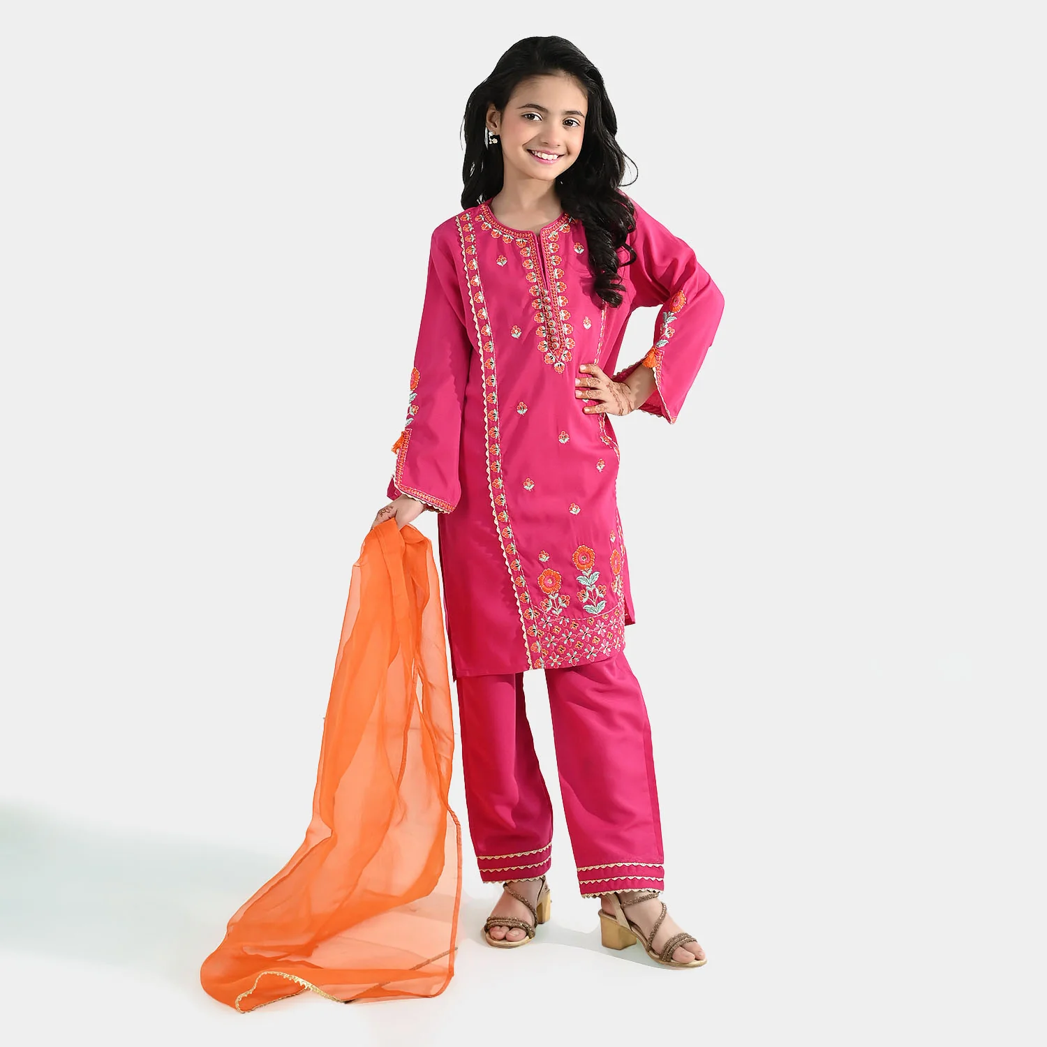 Girls Poly Cambric 3Pcs (Rangeen) – Shocking Pink - Image 3