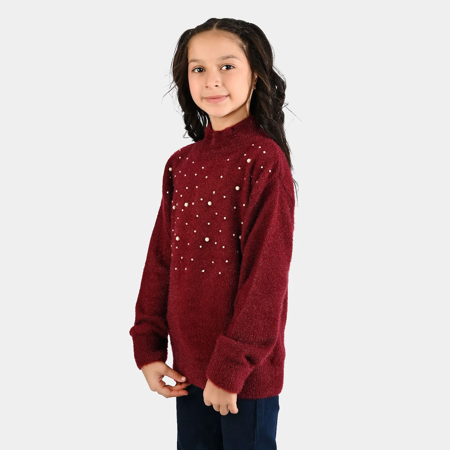Girls Acrylic-Crystal Feather Sweater-Feather Pearls-MAROON - Image 2