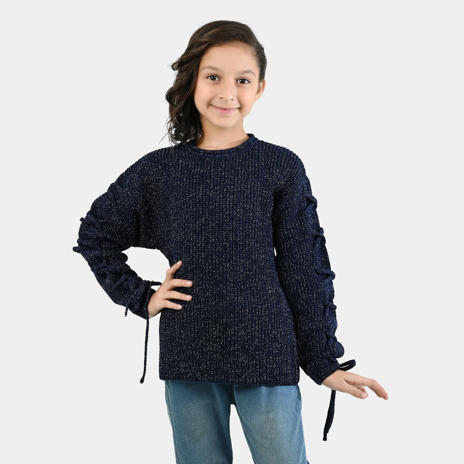 Girls Acrylic-Feather Lurex Sweater-NAVY