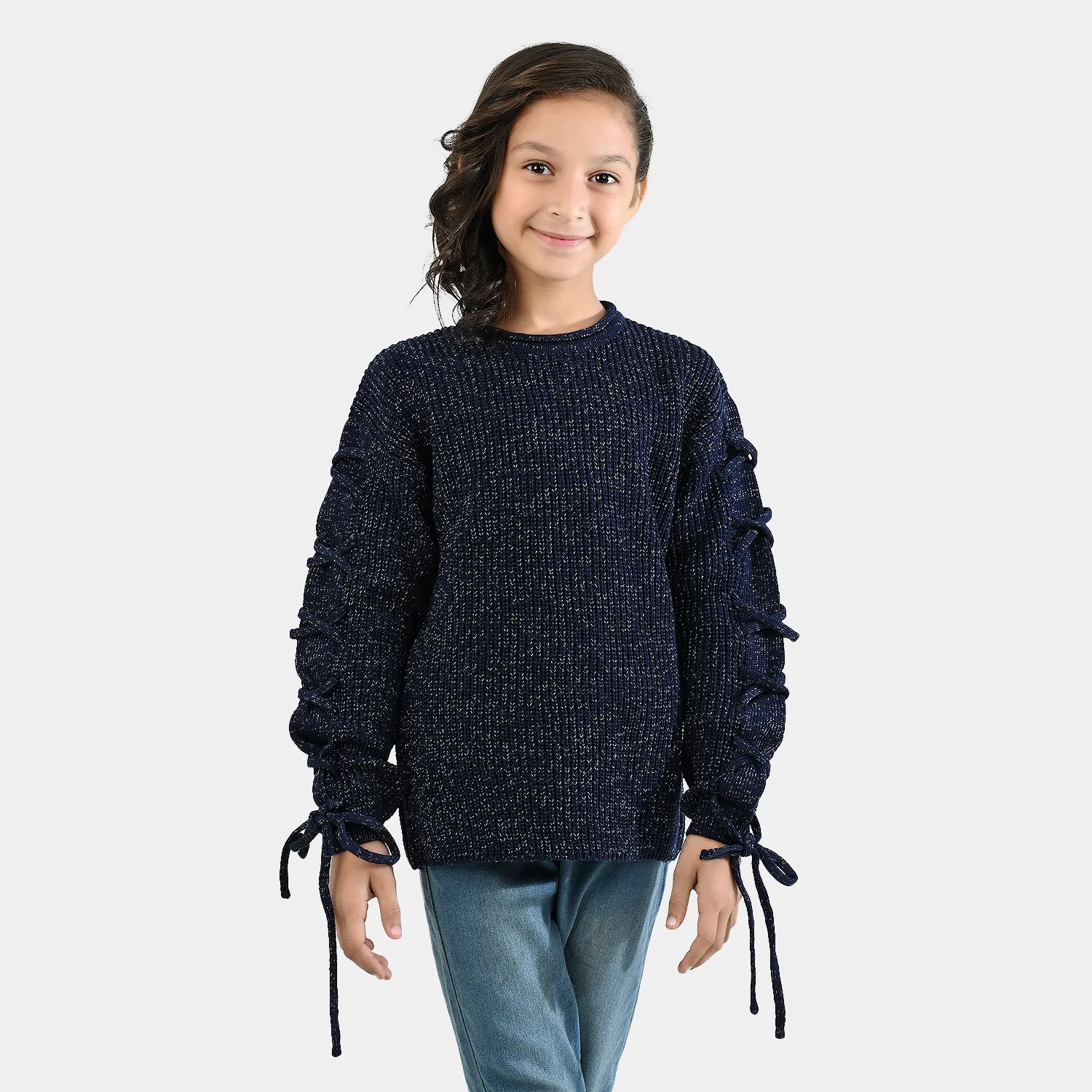Girls Acrylic-Feather Lurex Sweater-NAVY - Image 3