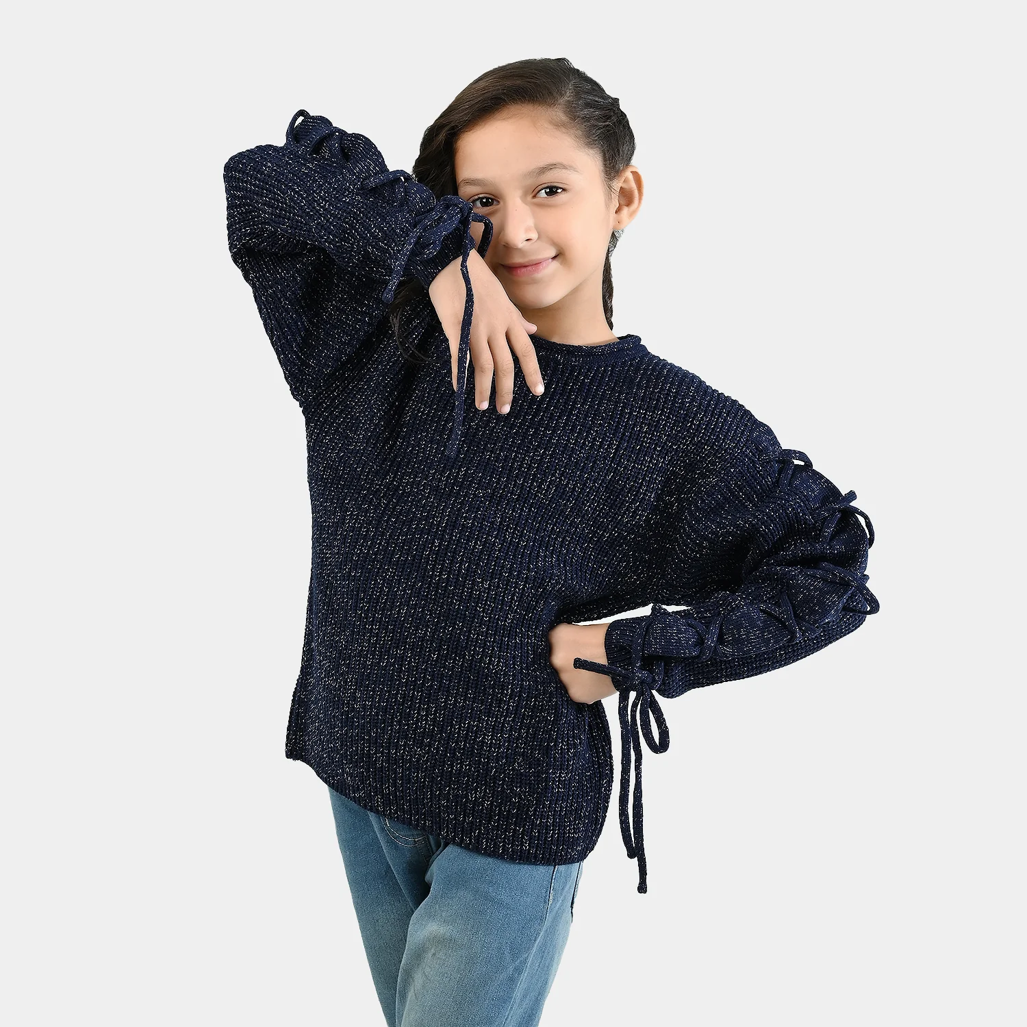 Girls Acrylic-Feather Lurex Sweater-NAVY - Image 4