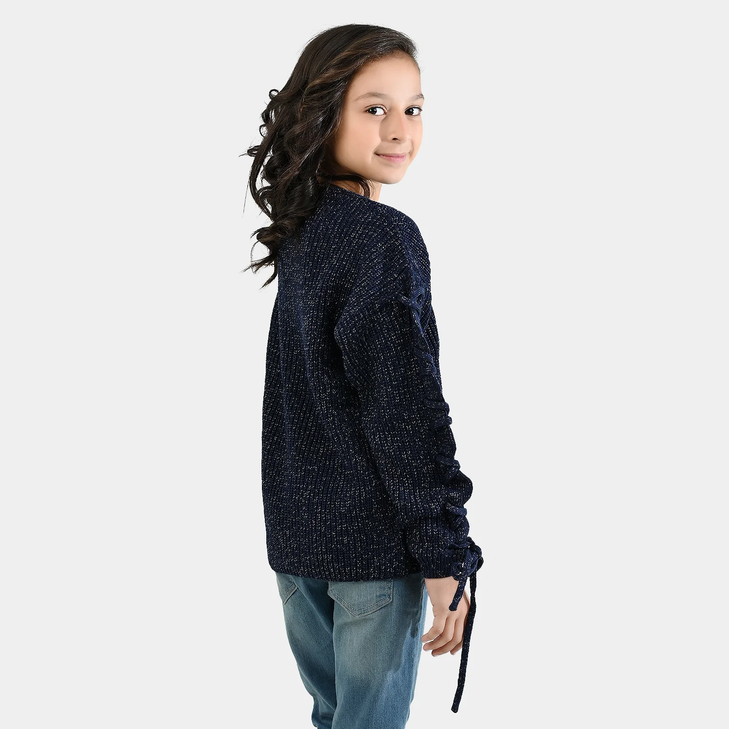 Girls Acrylic-Feather Lurex Sweater-NAVY - Image 5