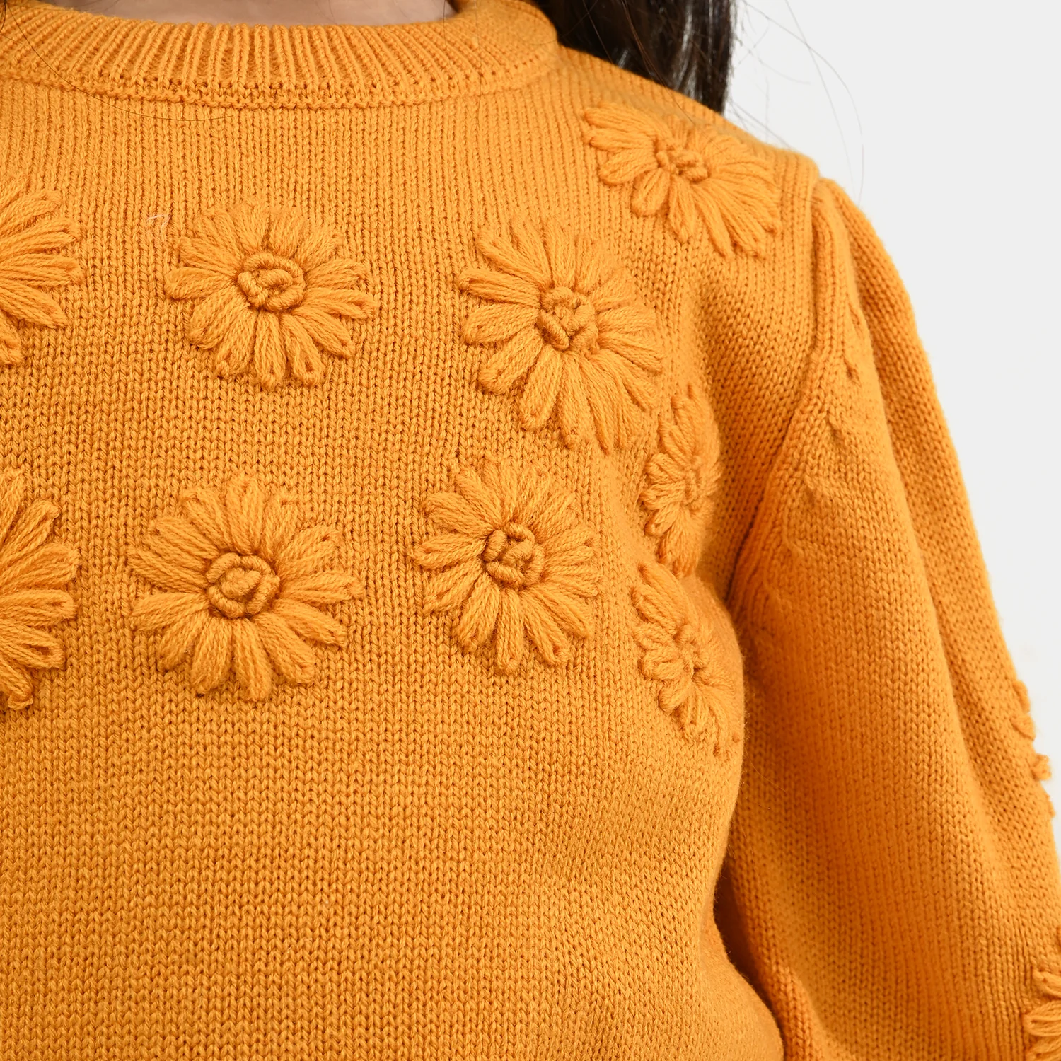 Girls Acrylic Sweater-Flower Bunches-Mustard - Image 2