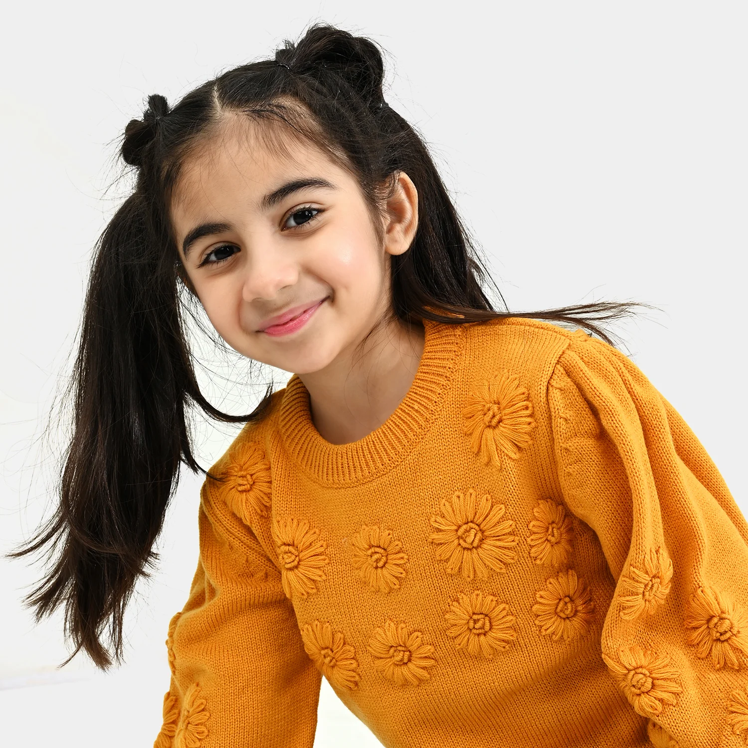 Girls Acrylic Sweater-Flower Bunches-Mustard - Image 3