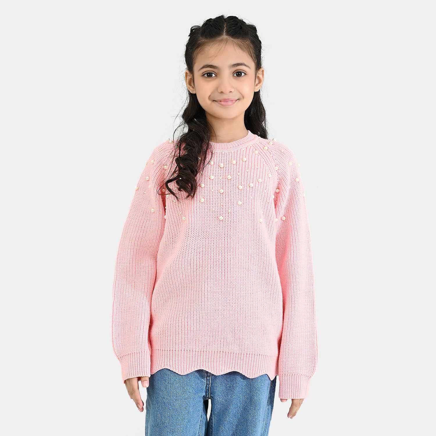 Girls Acrylic Sweater-Pearls-L.Pink