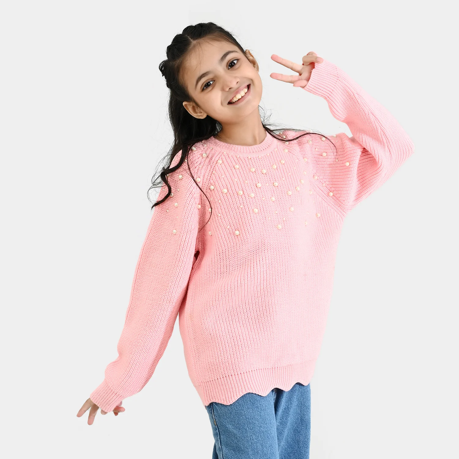 Girls Acrylic Sweater-Pearls-L.Pink - Image 3