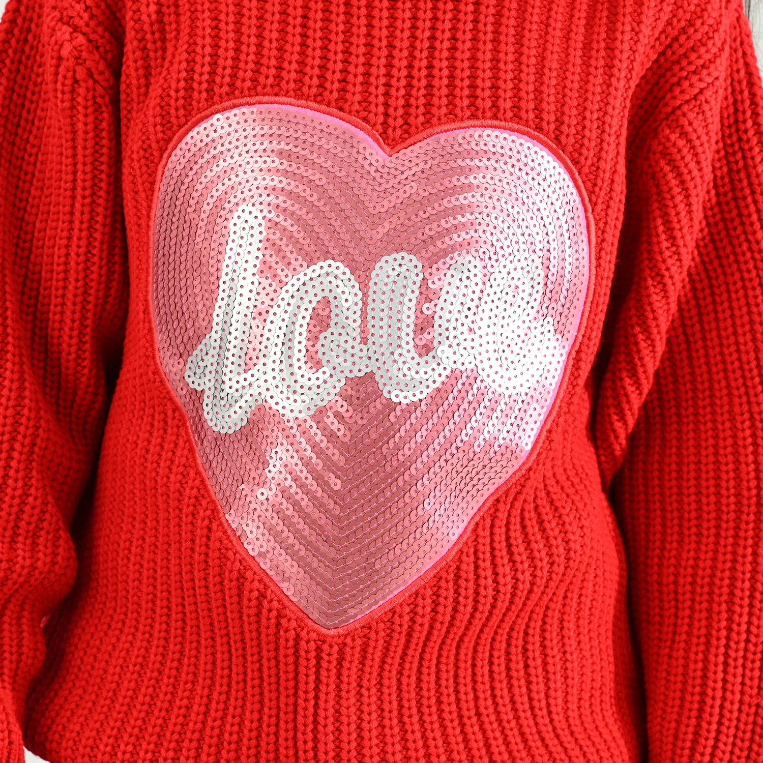 Girls Acrylic Sweater-Sequence Heart-Red - Image 2