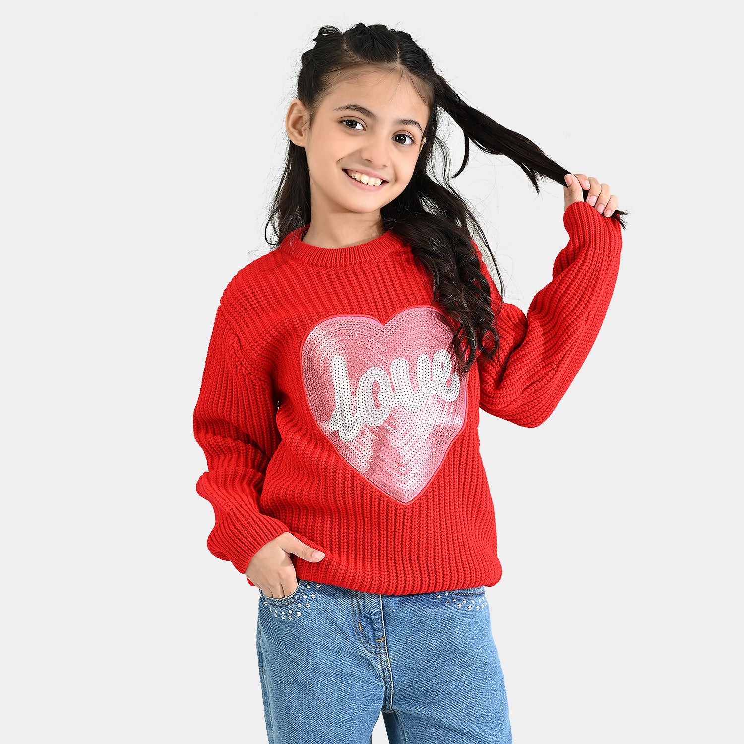 Girls Acrylic Sweater-Sequence Heart-Red - Image 3