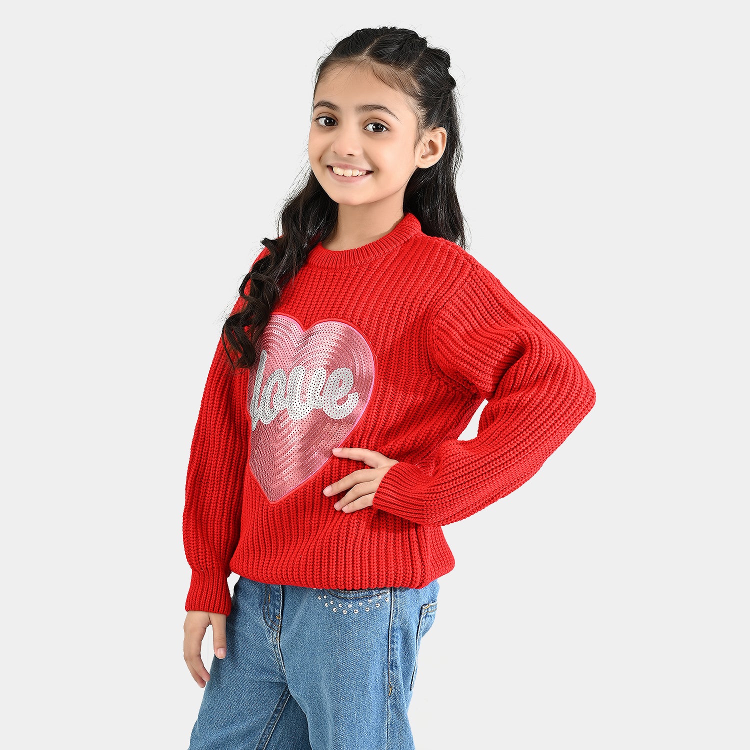 Girls Acrylic Sweater-Sequence Heart-Red - Image 4