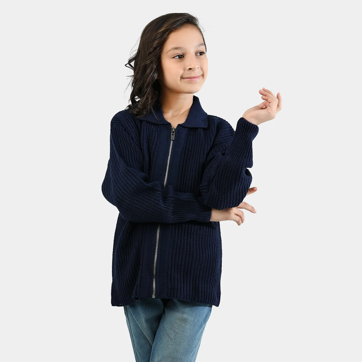 Girls Acrylic Sweater-Zipper-Teal.Blue - Image 3