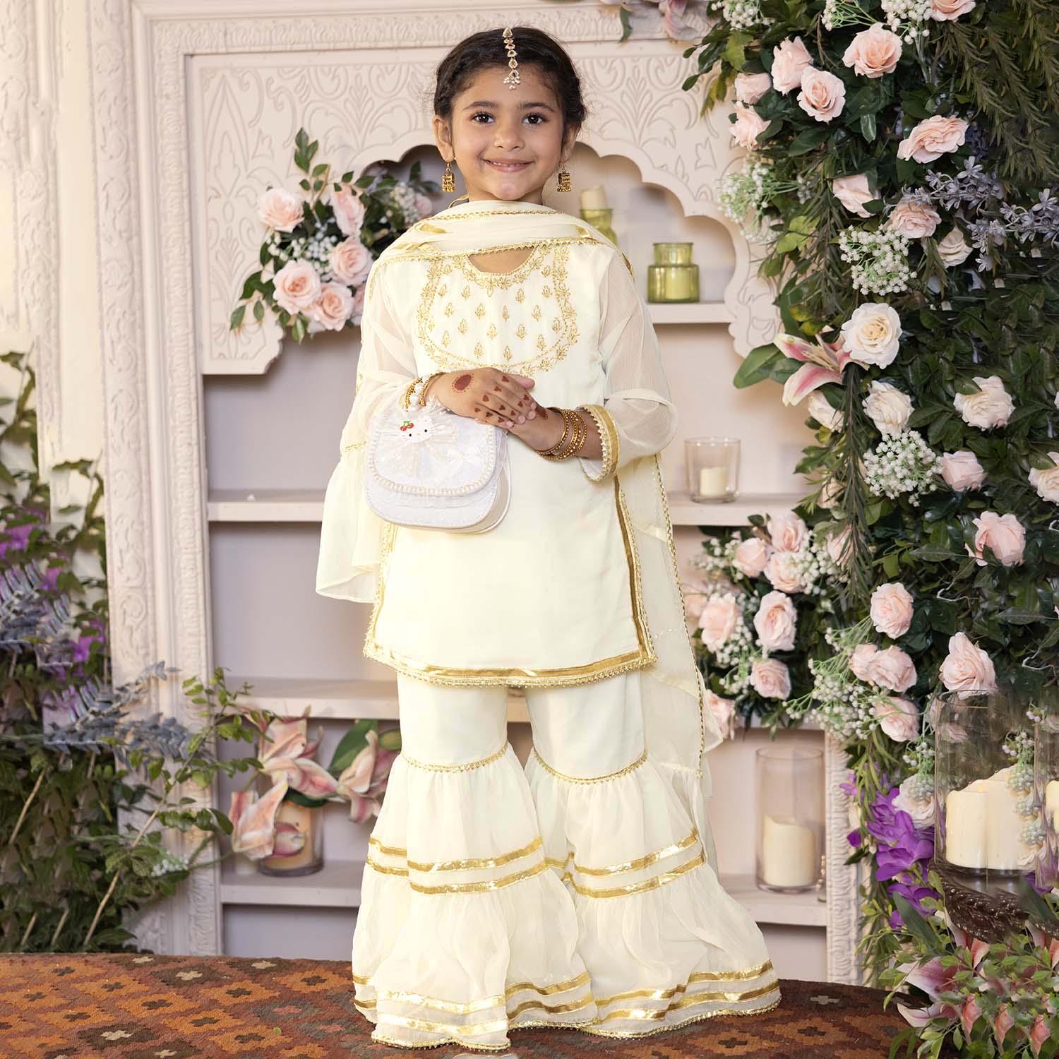 Girls Chiffon 3Pcs Set (Chamak) - Cream