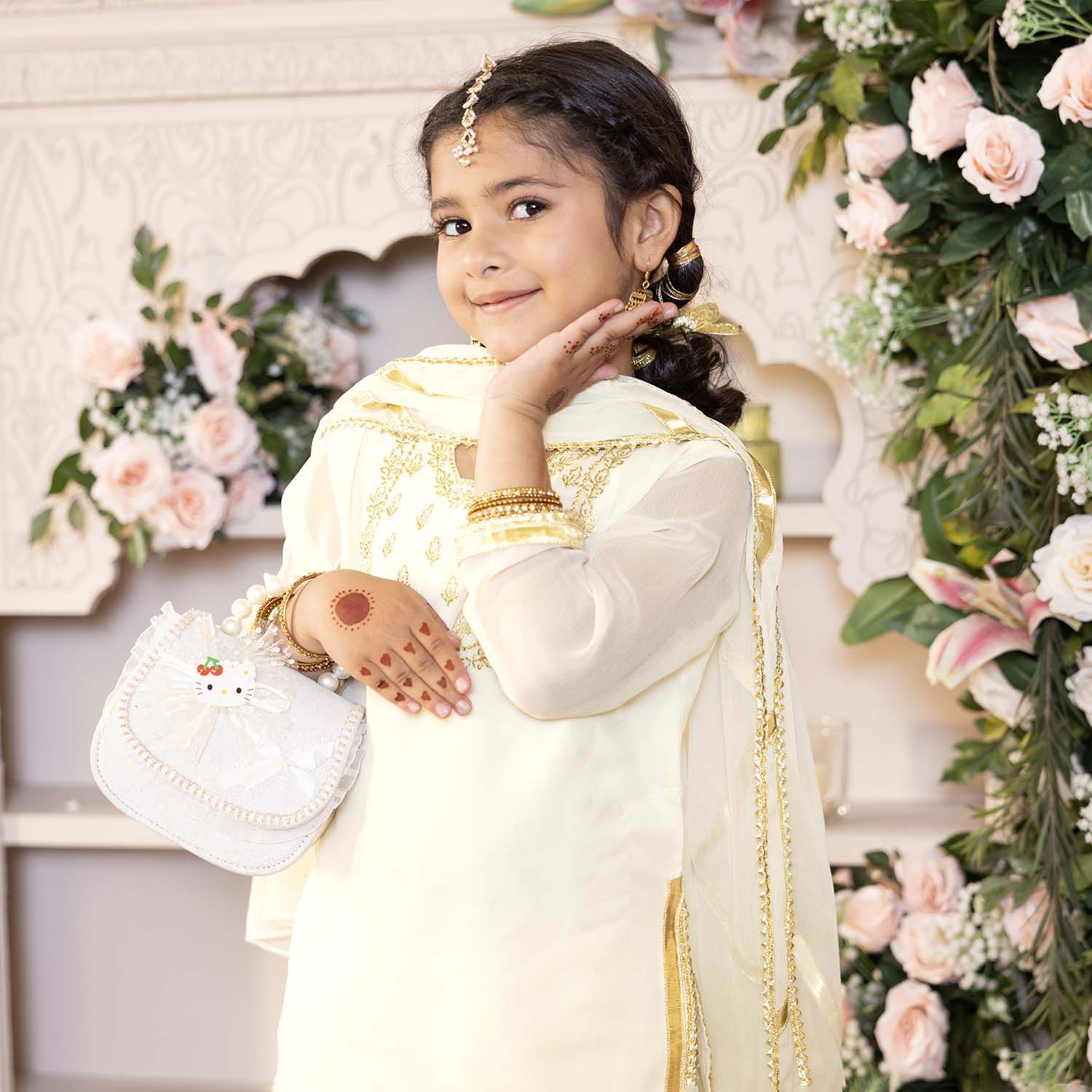 Girls Chiffon 3Pcs Set (Chamak) - Cream - Image 3