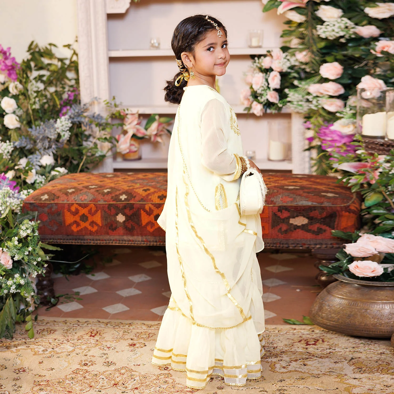 Girls Chiffon 3Pcs Set (Chamak) - Cream - Image 4
