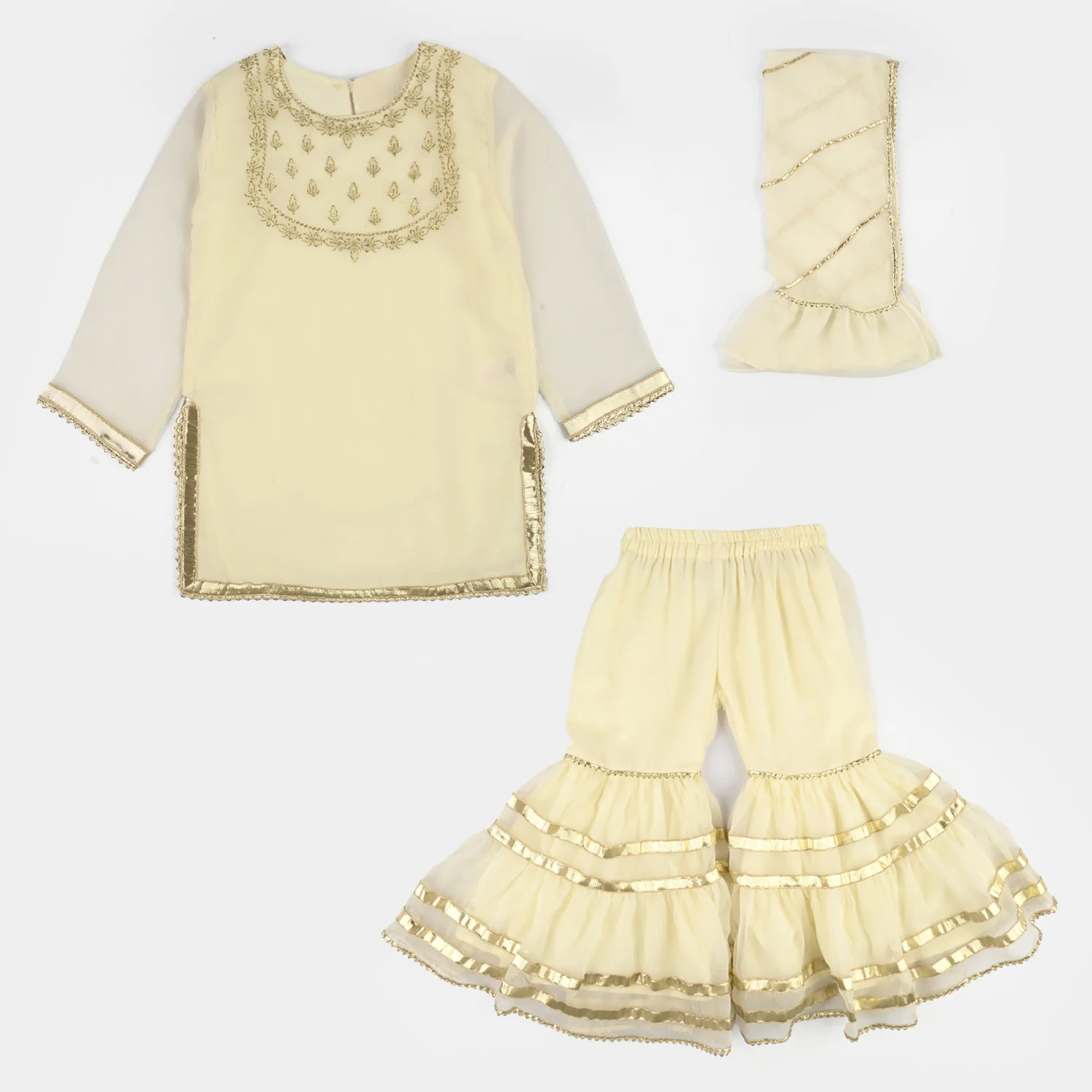 Girls Chiffon 3Pcs Set (Chamak) - Cream - Image 5