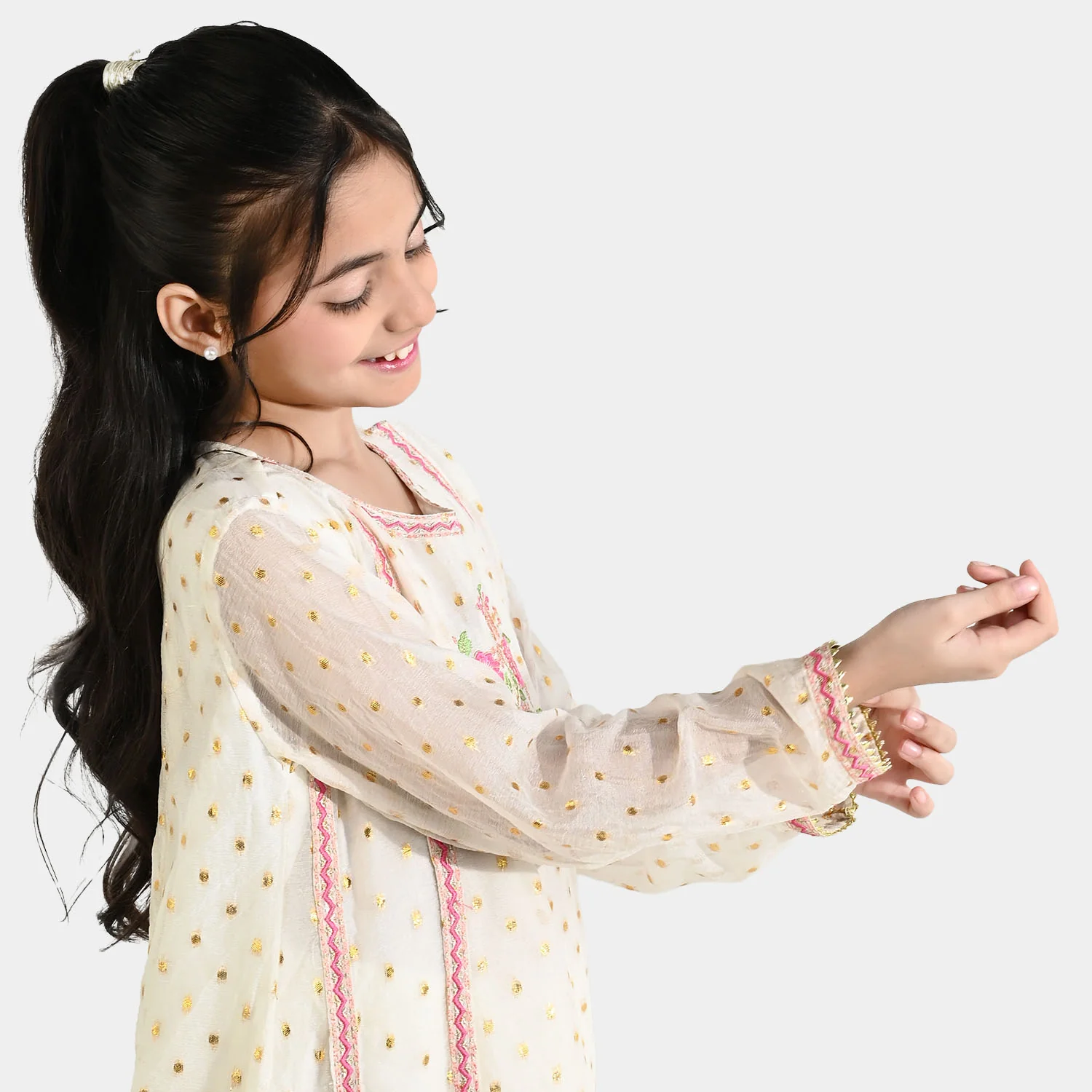 Girls Chiffon 3Pcs Zeenat - Cream - Image 2