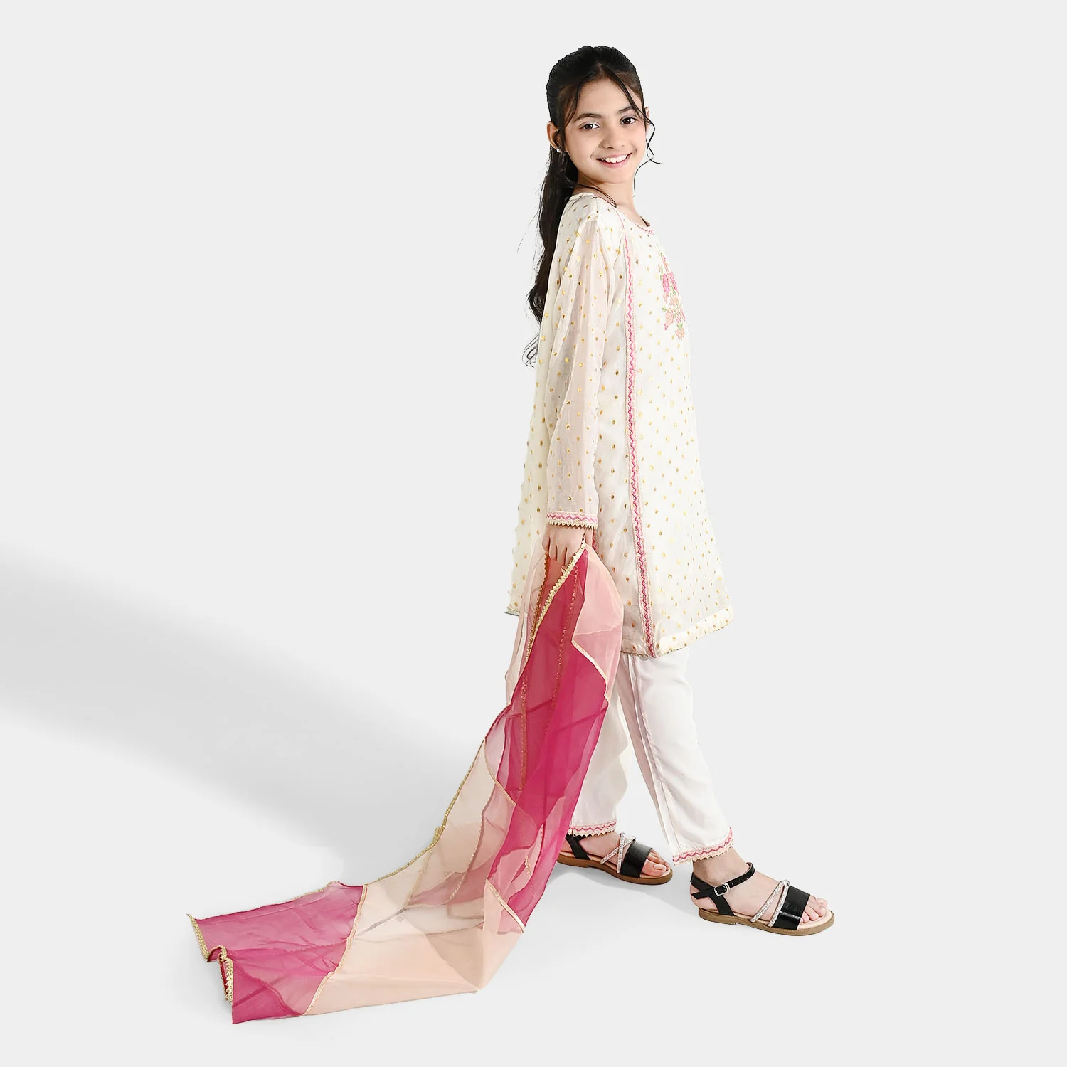 Girls Chiffon 3Pcs Zeenat - Cream - Image 5
