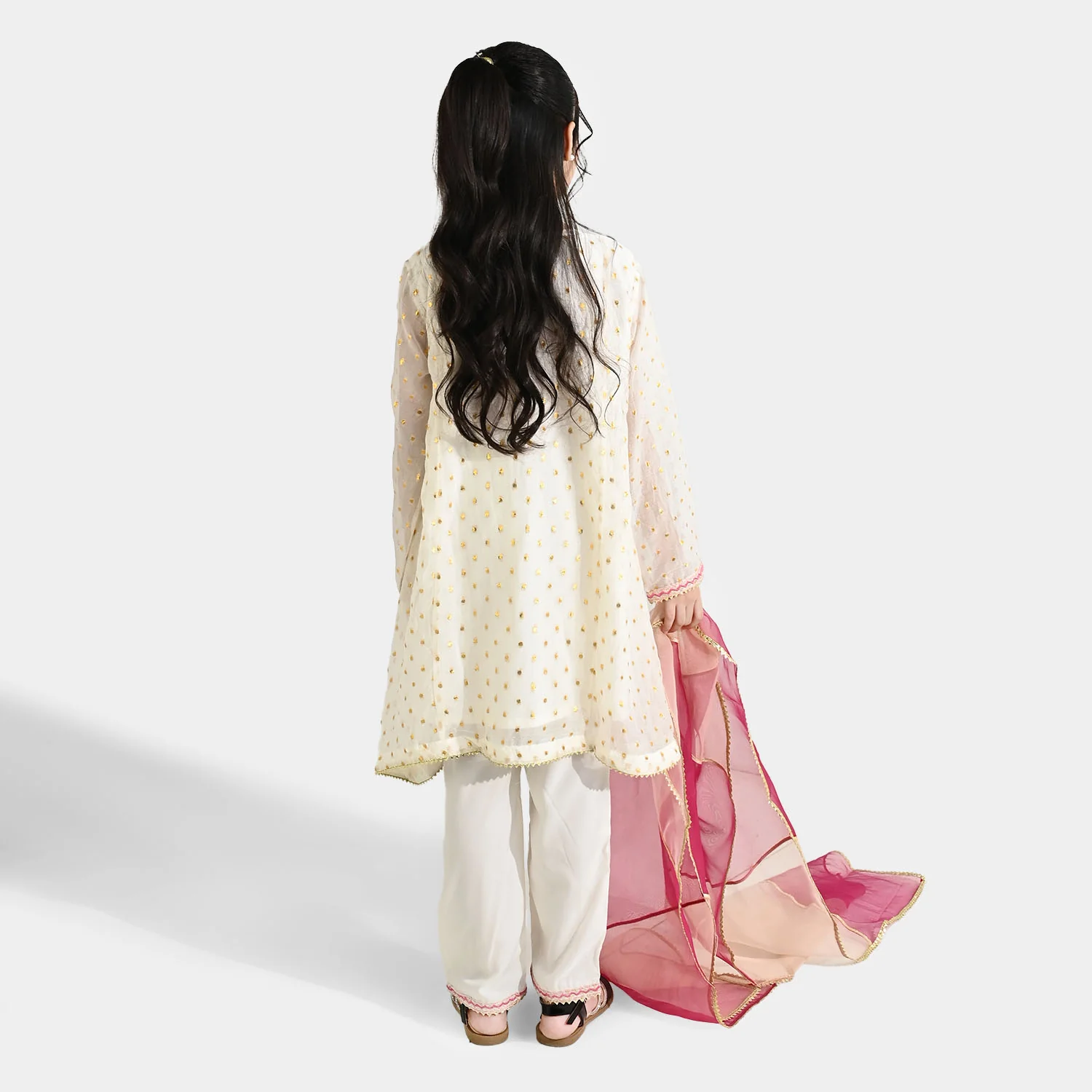Girls Chiffon 3Pcs Zeenat - Cream - Image 6