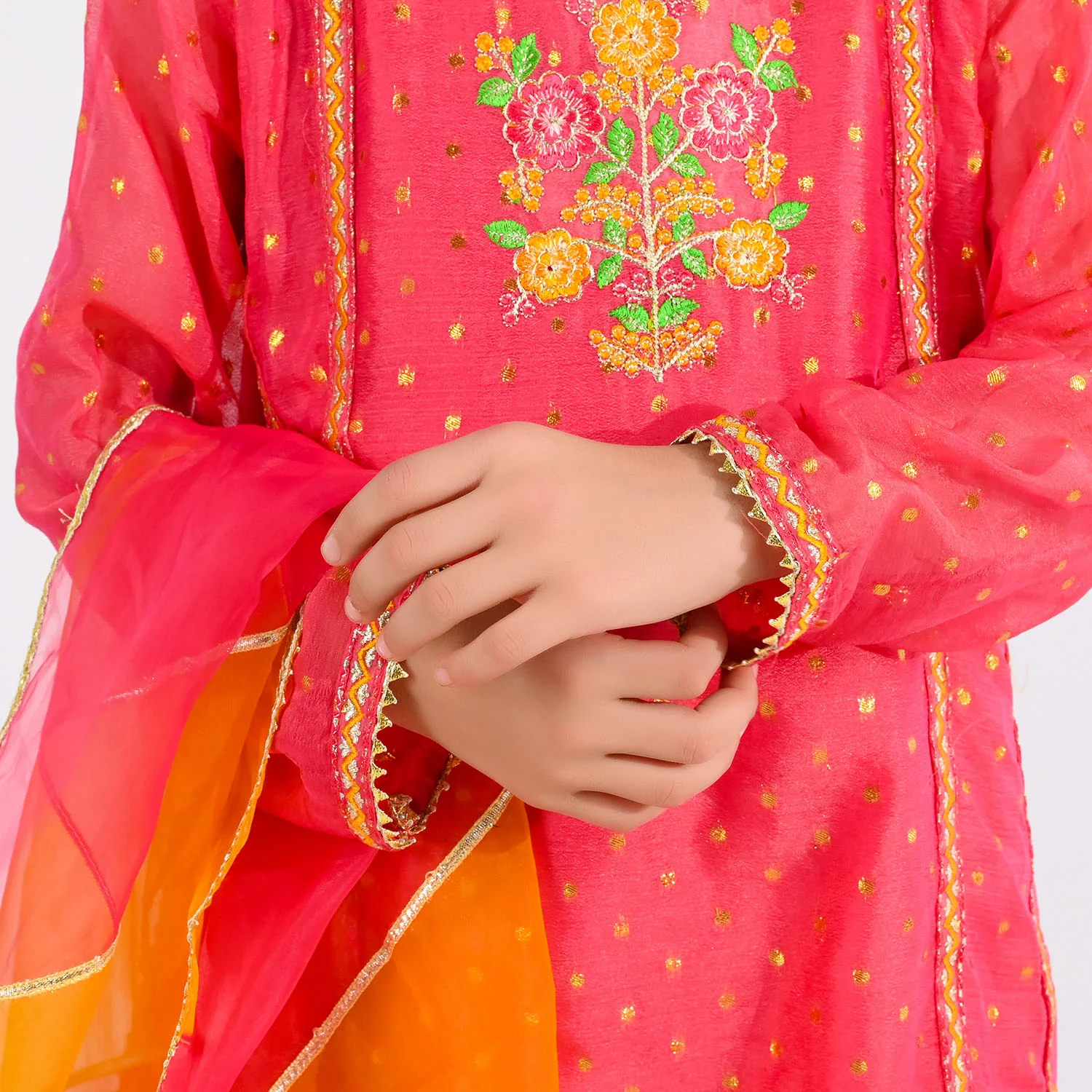 Girls Chiffon 3-Piece Set (Zeenat) - Pink/Orange - Image 4