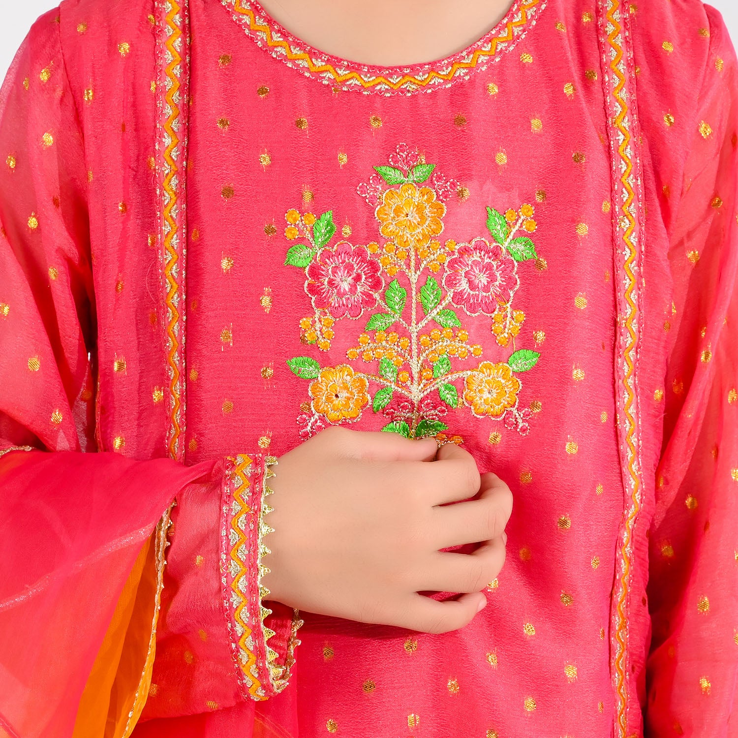 Girls Chiffon 3-Piece Set (Zeenat) - Pink/Orange - Image 5