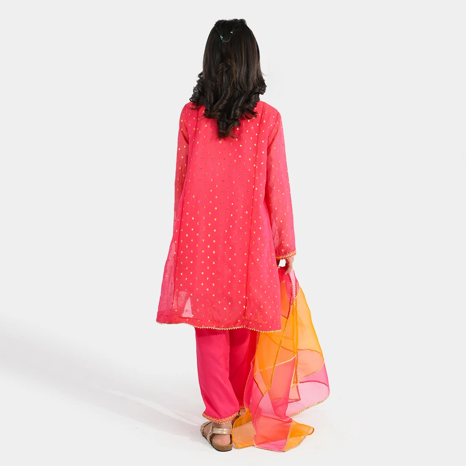 Girls Chiffon 3-Piece Set (Zeenat) - Pink/Orange - Image 7
