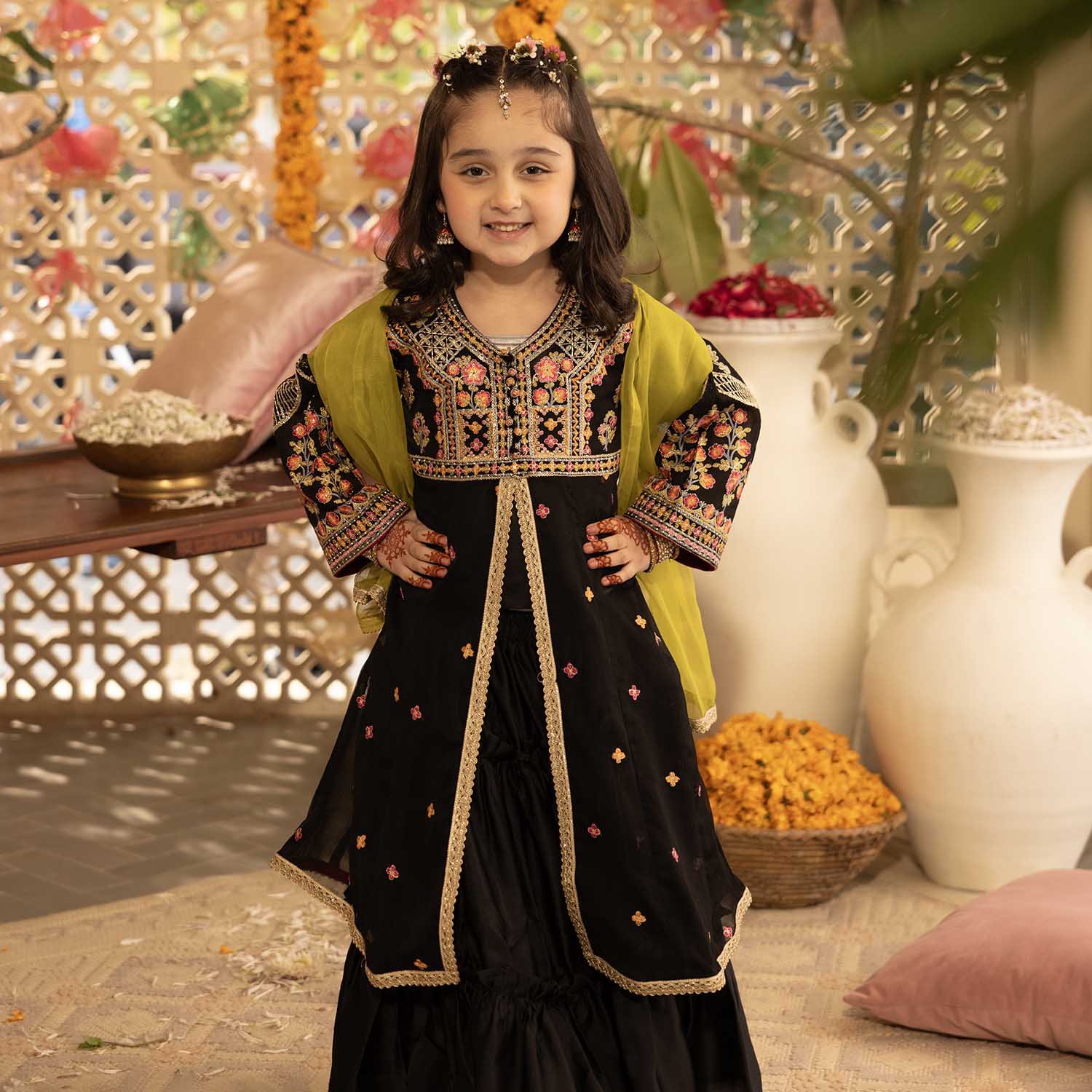 Girls Chiffon 4Pcs Suit Zaib-BLACK