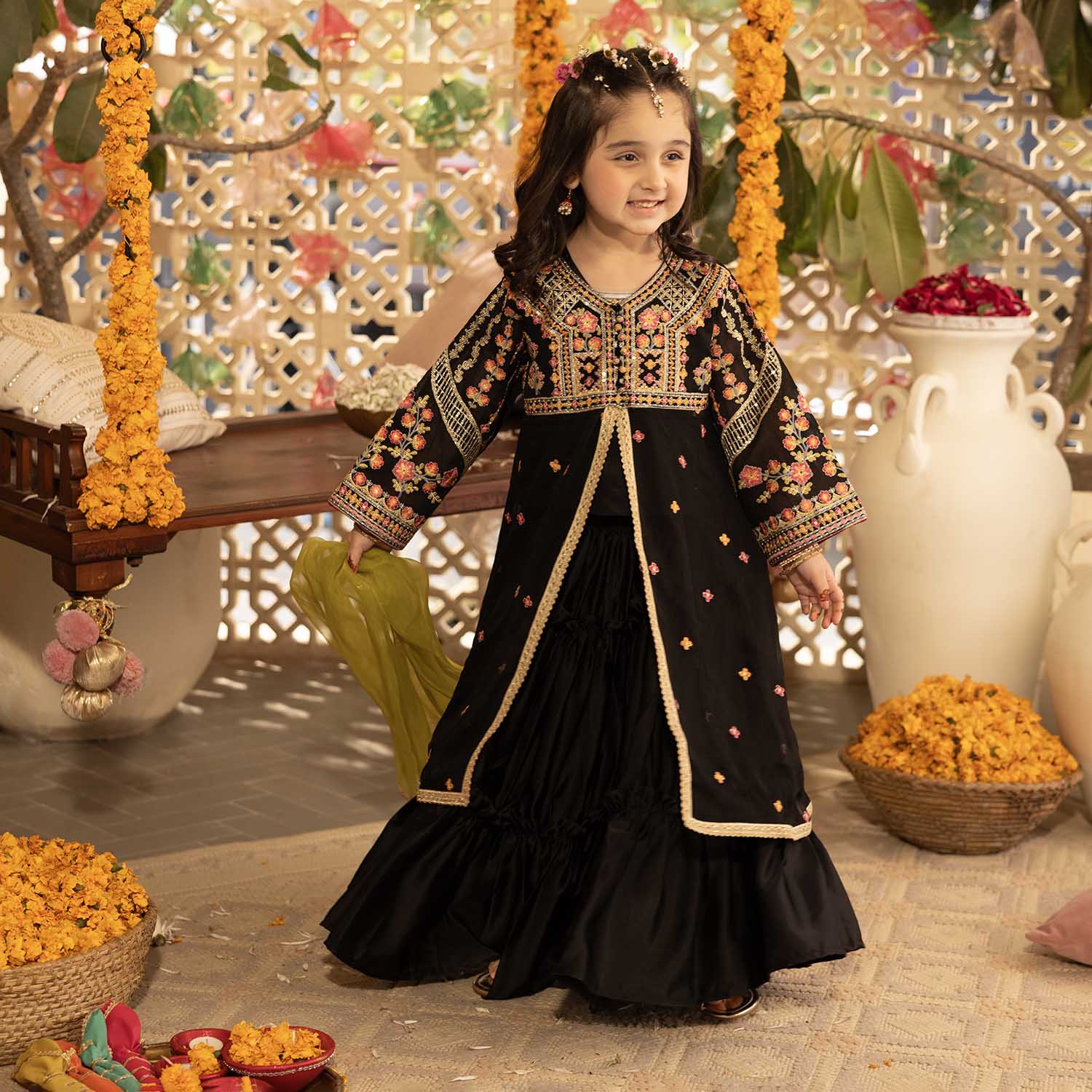 Girls Chiffon 4Pcs Suit Zaib-BLACK - Image 2
