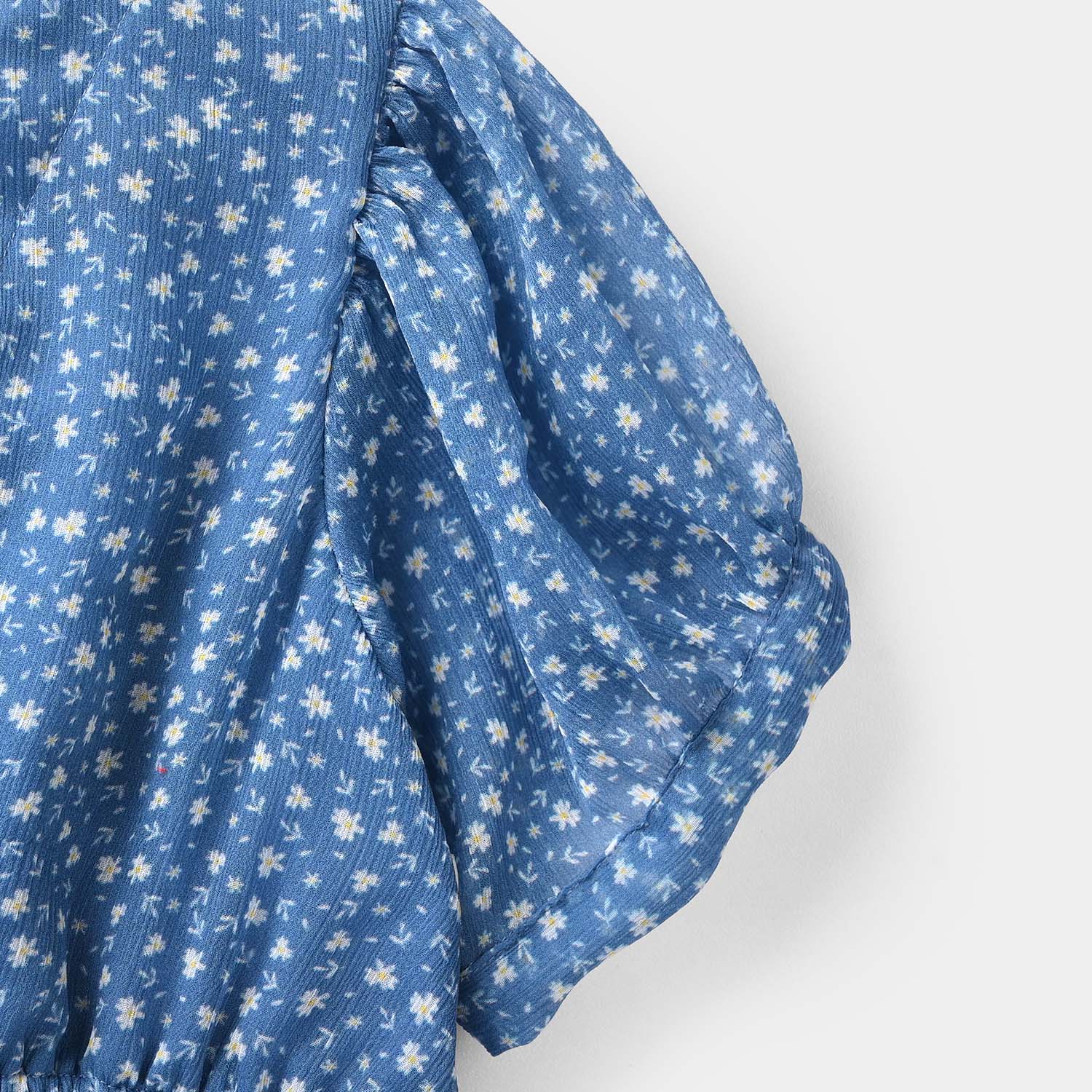Girls Chiffon Casual Floral Frock - Blue - Image 3