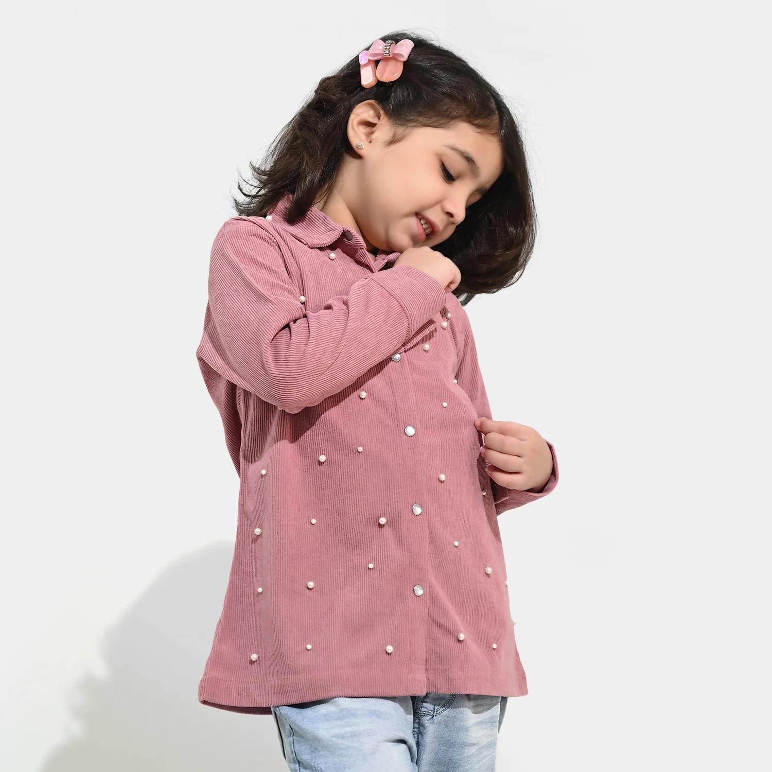 Girls Corduroy Emb Top Pearls - Pink - Image 3