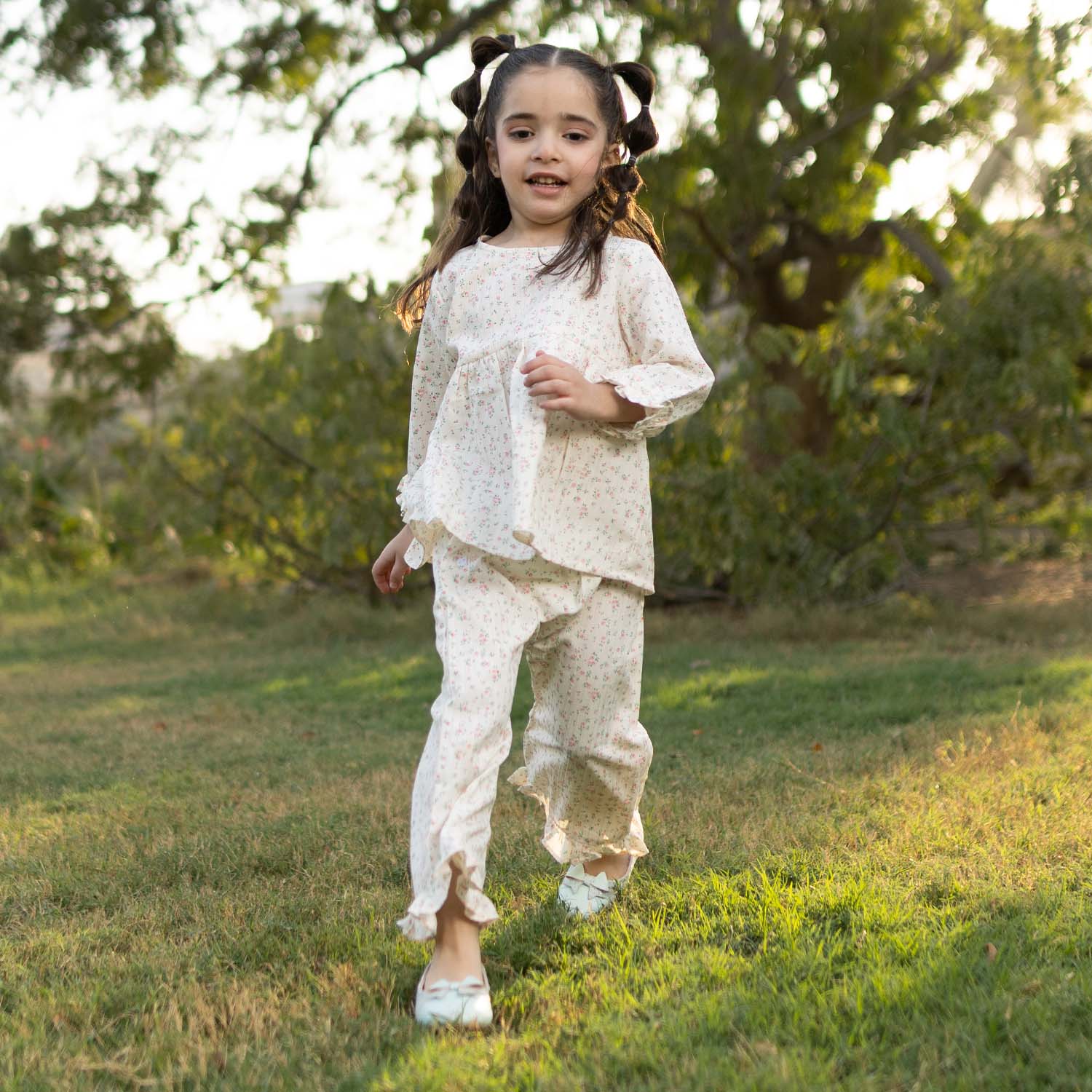 Girls Cotton Co-Ord Set (Midnight Flower) – Off White - Image 2