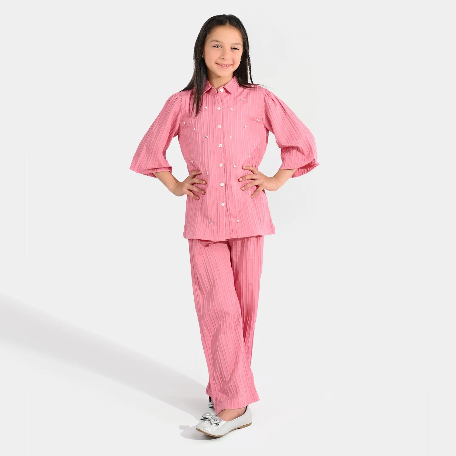Girls Cotton Co-Ord Set (Solid) - Pink - Image 3