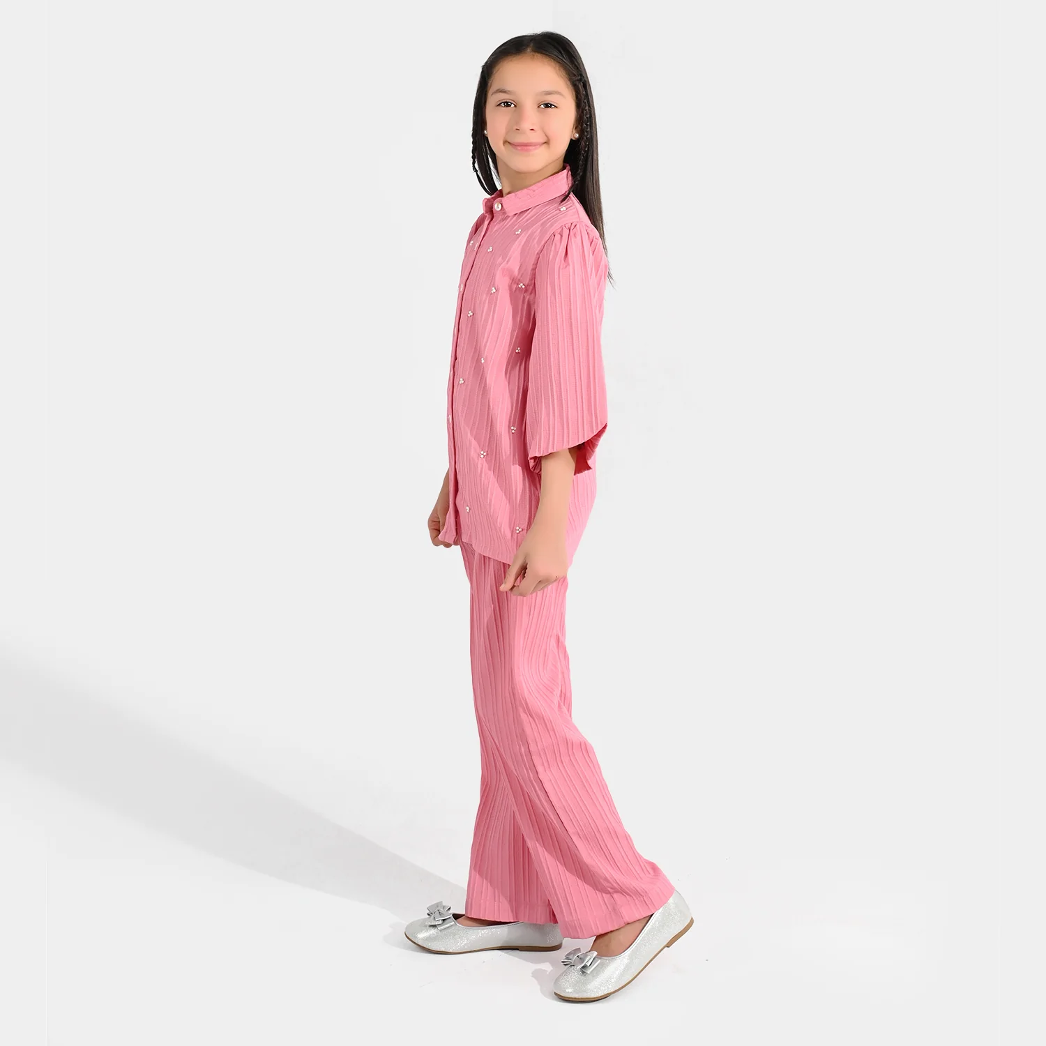 Girls Cotton Co-Ord Set (Solid) - Pink - Image 4