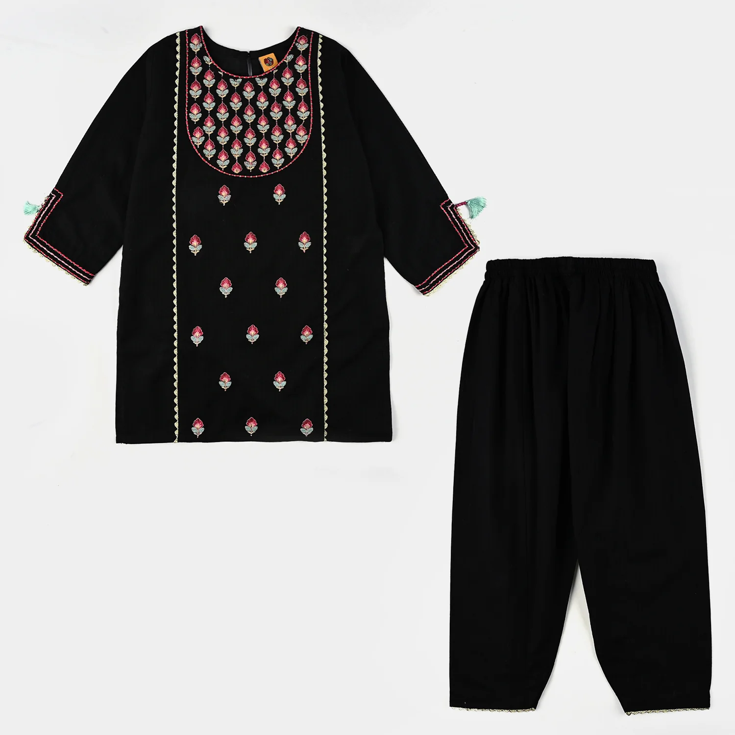 Girls Cotton Embroidered 2Pcs Gul Bahar - Black