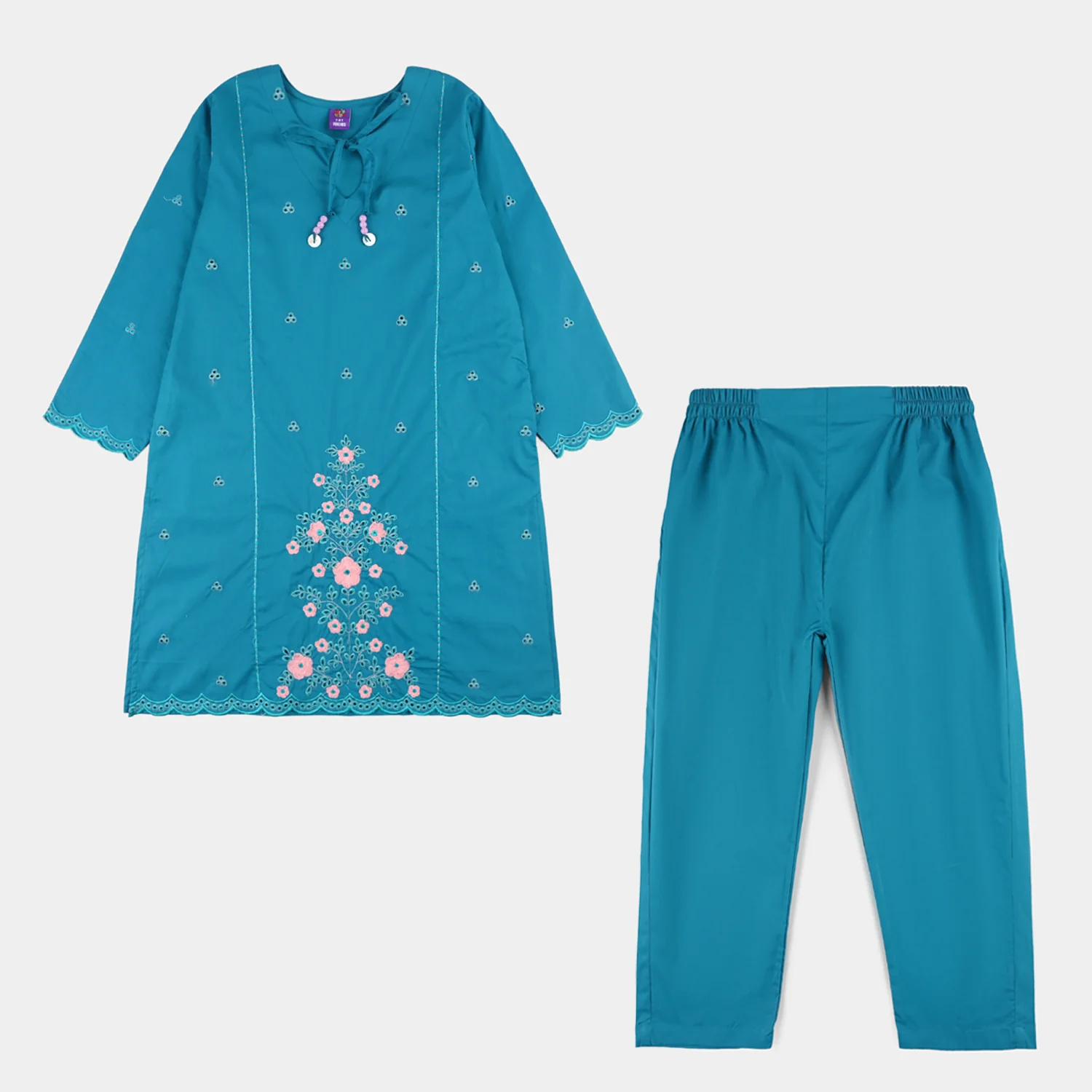 Girls Cotton Embroidery 2Pcs (Safa) - Turquoise - Image 3