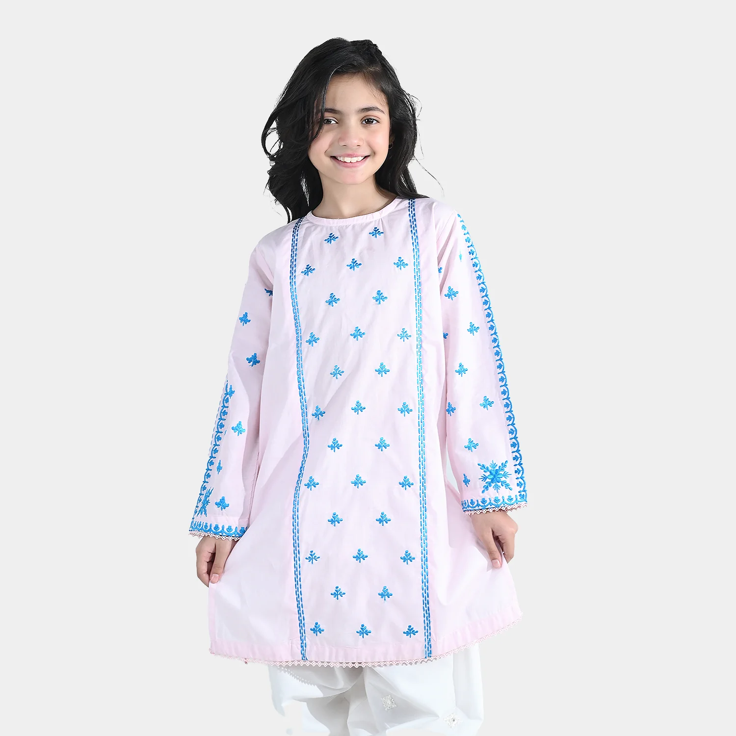 Girls Cotton Embroidered Kurti Roshan Jahan - Baby Pink - Image 3