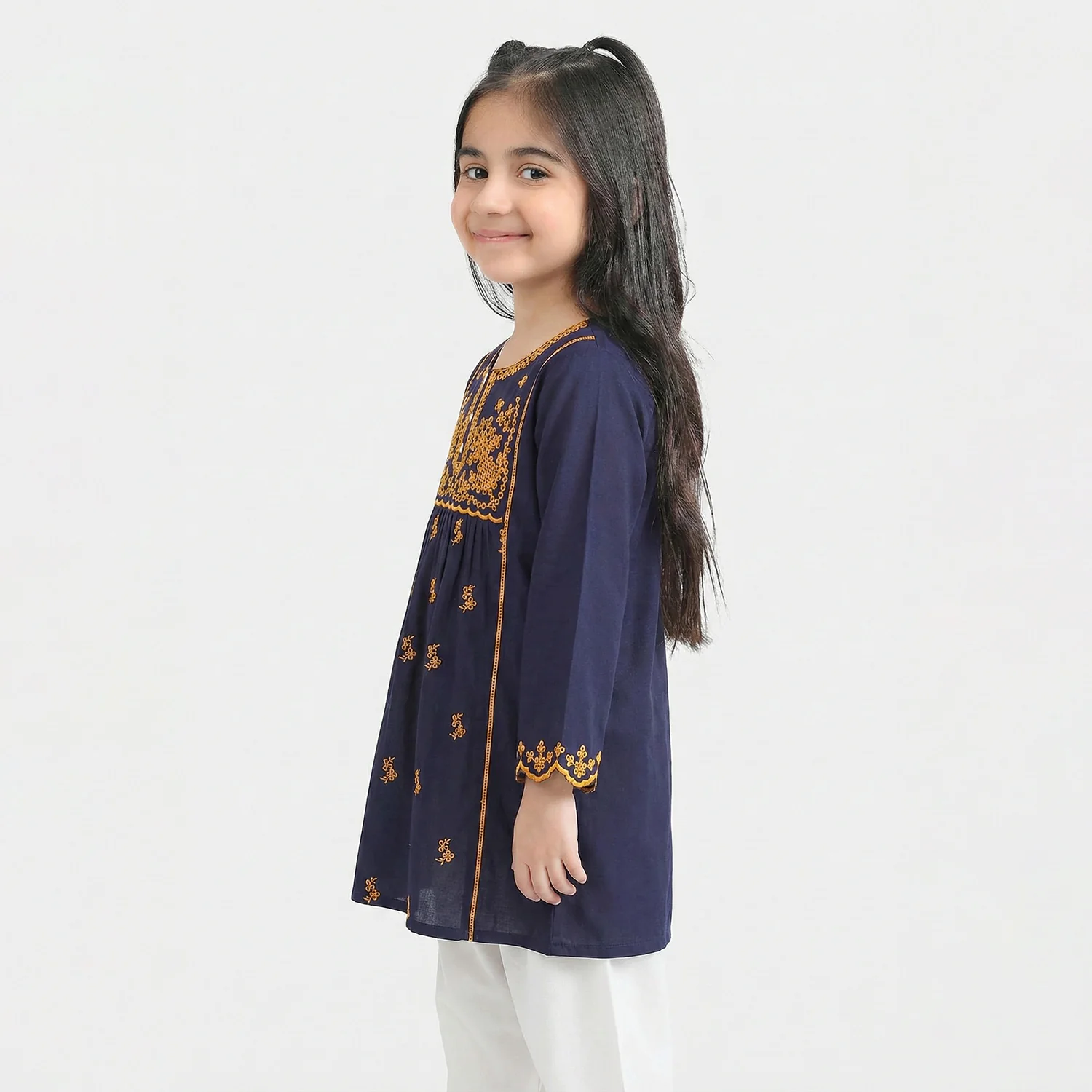 Girls Cotton Embroidered Kurti  - Navy Blue - Image 2