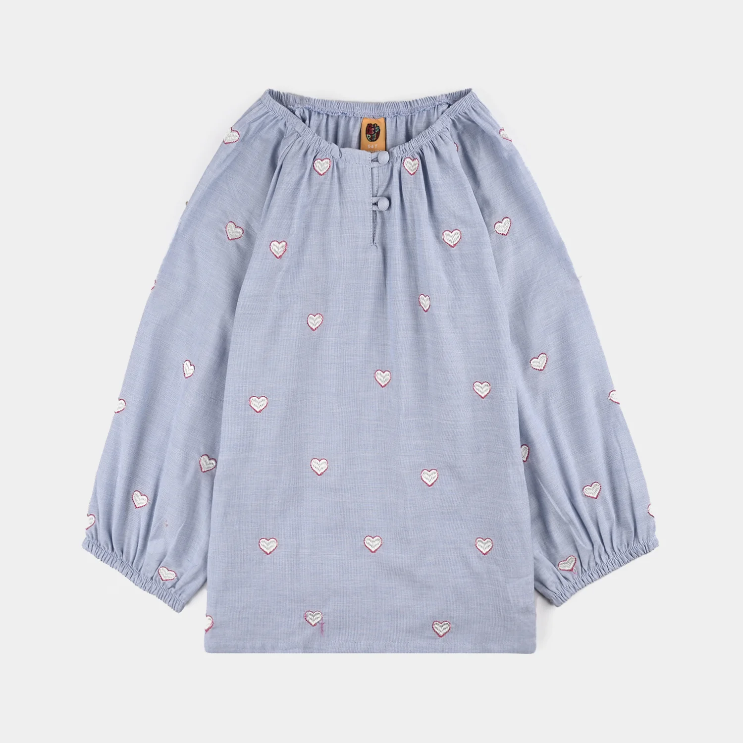 Girls Cotton Emb Top Blue Scalloped-Blue