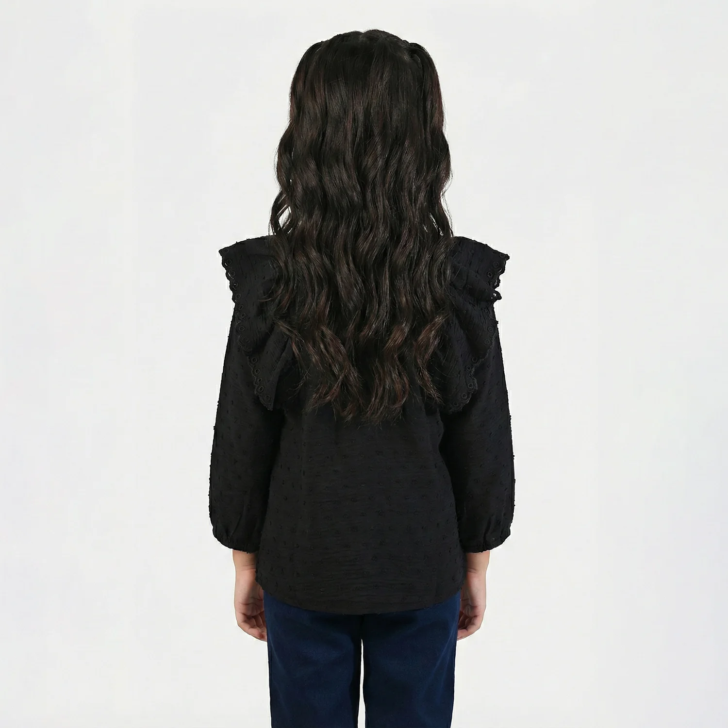 Girls Cotton Embroidered Top - BLACK - Image 3