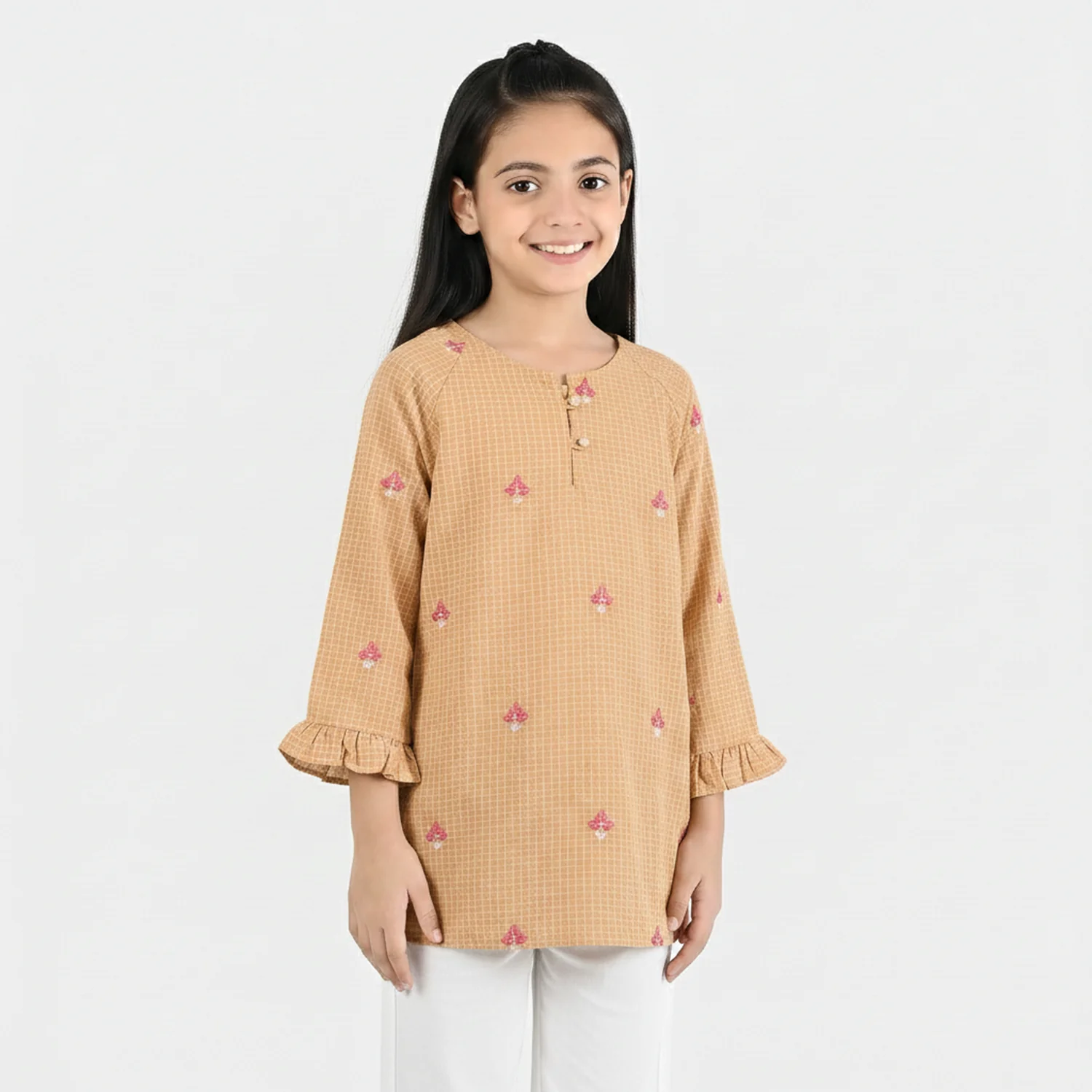 Girls Cotton Embroidered Top - Mustard