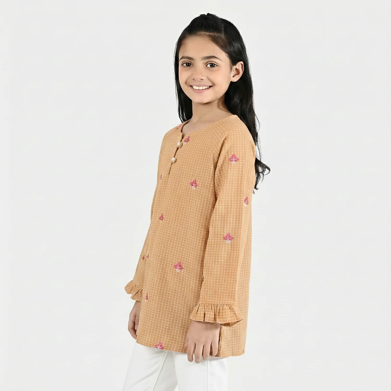 Girls Cotton Embroidered Top - Mustard - Image 2