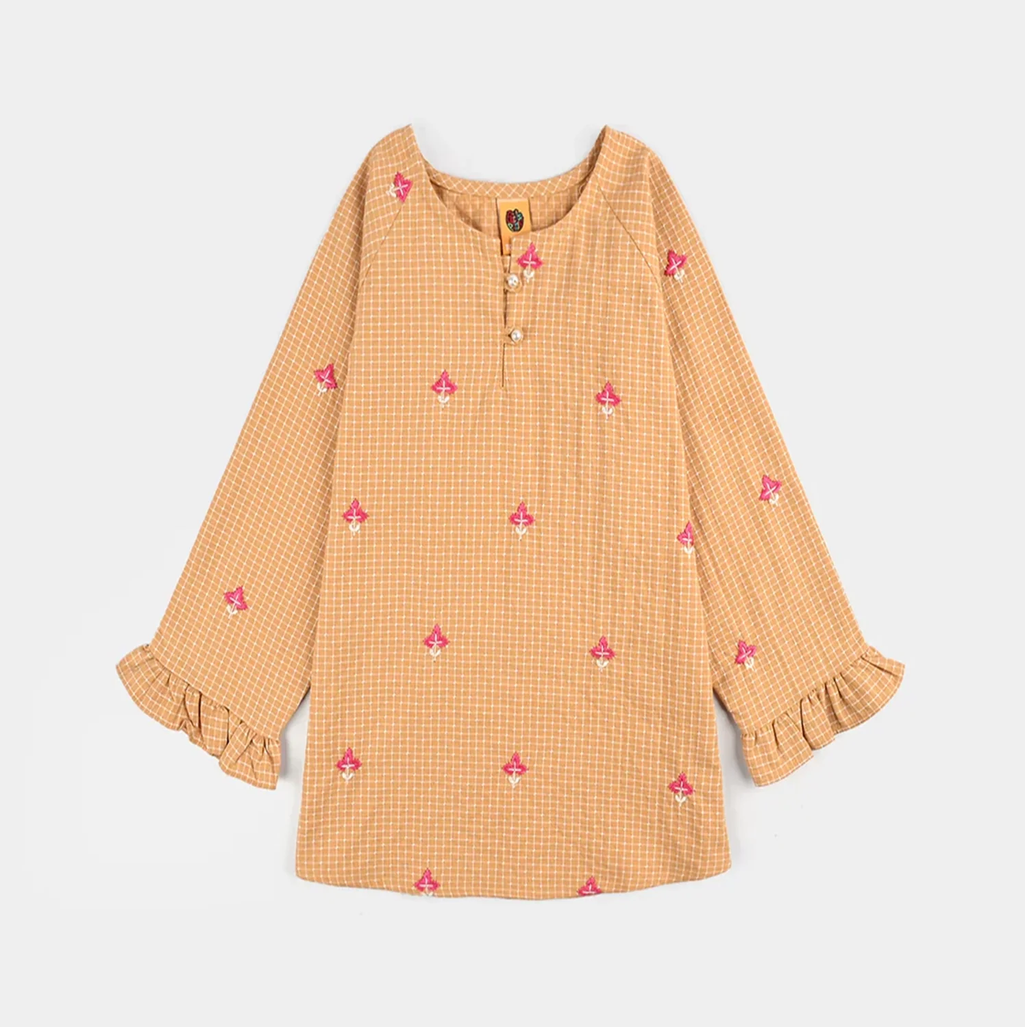 Girls Cotton Embroidered Top - Mustard - Image 4