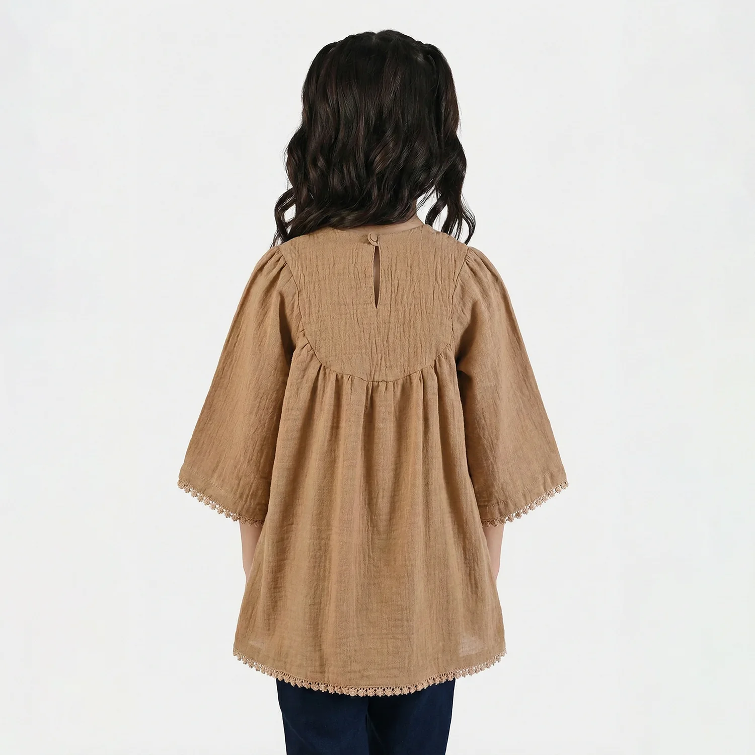 Girls Cotton Emb Top Pink Butter Fly-Sand - Image 3