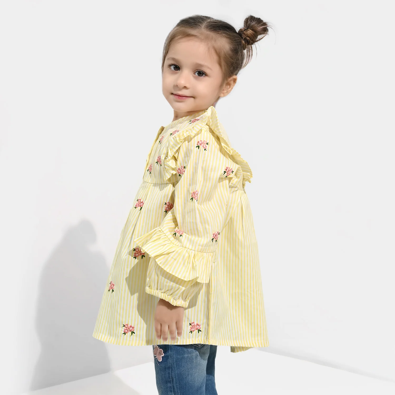 Girls Cotton Emb Top Pink Poppy-Yellow - Image 3