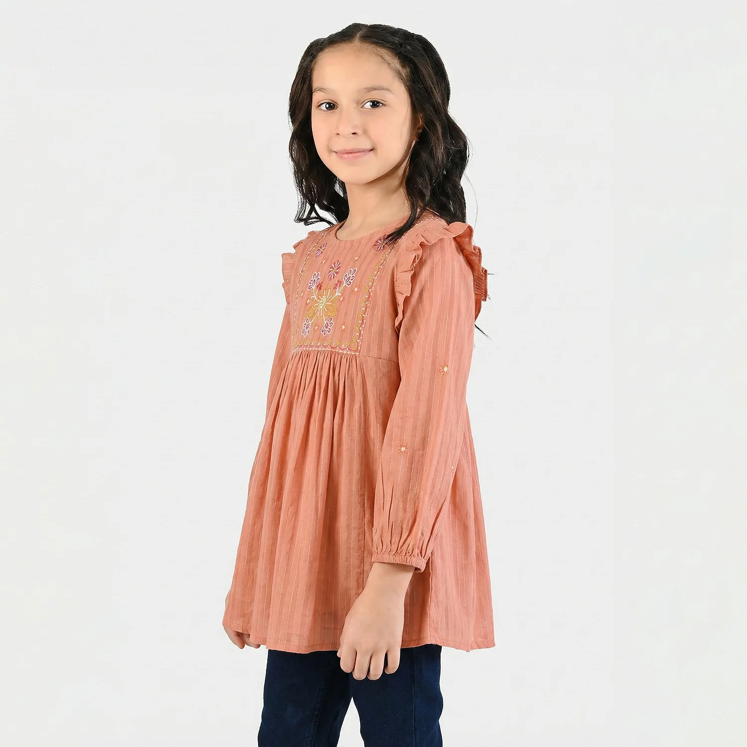 Girls Cotton Emb Top Rusty Ruffles-Rust - Image 2