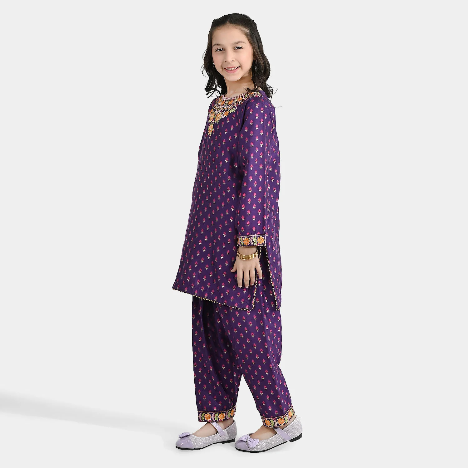 Girls Cotton Jacquard Emb 2Pcs Dilruba-PURPLE - Image 2