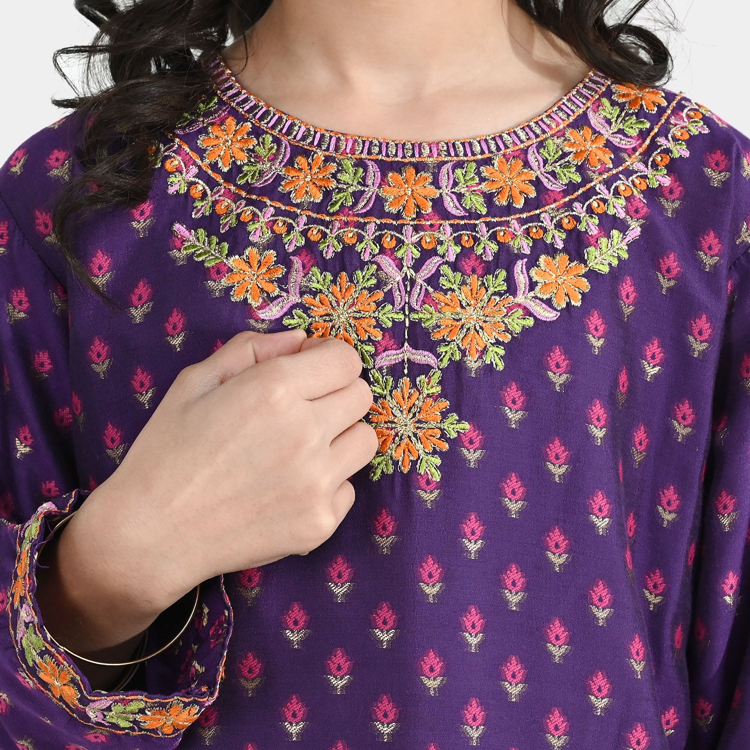 Girls Cotton Jacquard Emb 2Pcs Dilruba-PURPLE - Image 3