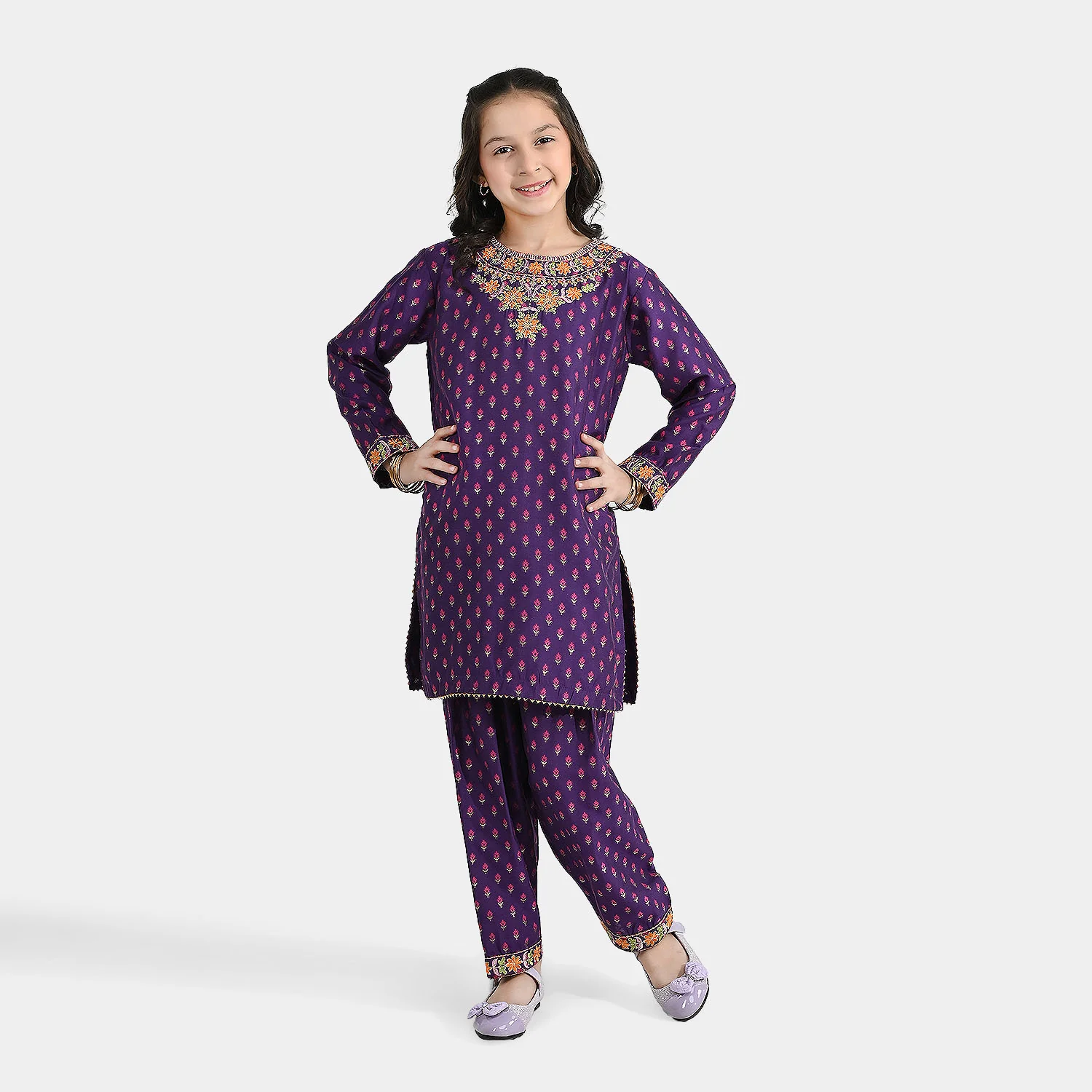 Girls Cotton Jacquard Emb 2Pcs Dilruba-PURPLE - Image 4