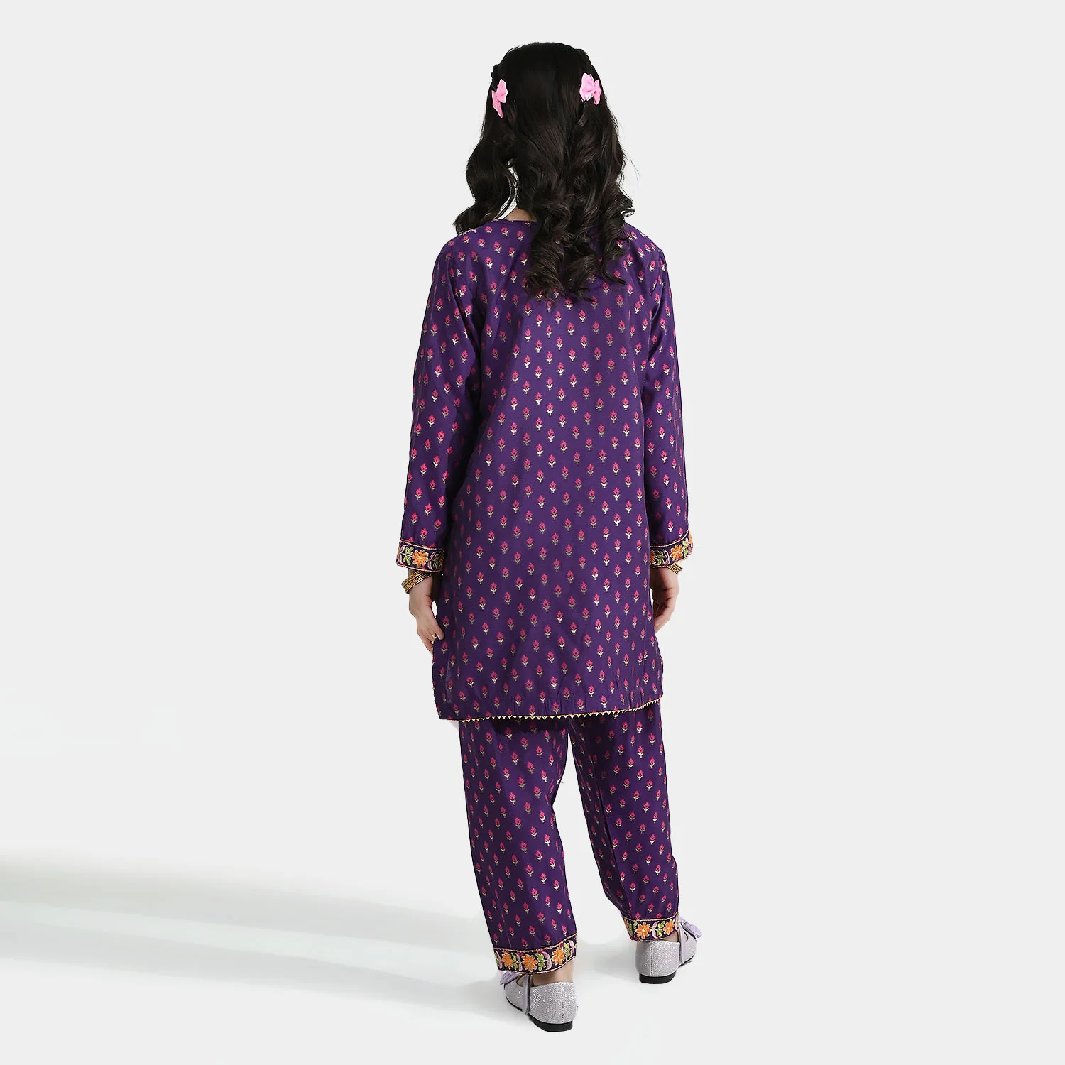 Girls Cotton Jacquard Emb 2Pcs Dilruba-PURPLE - Image 5